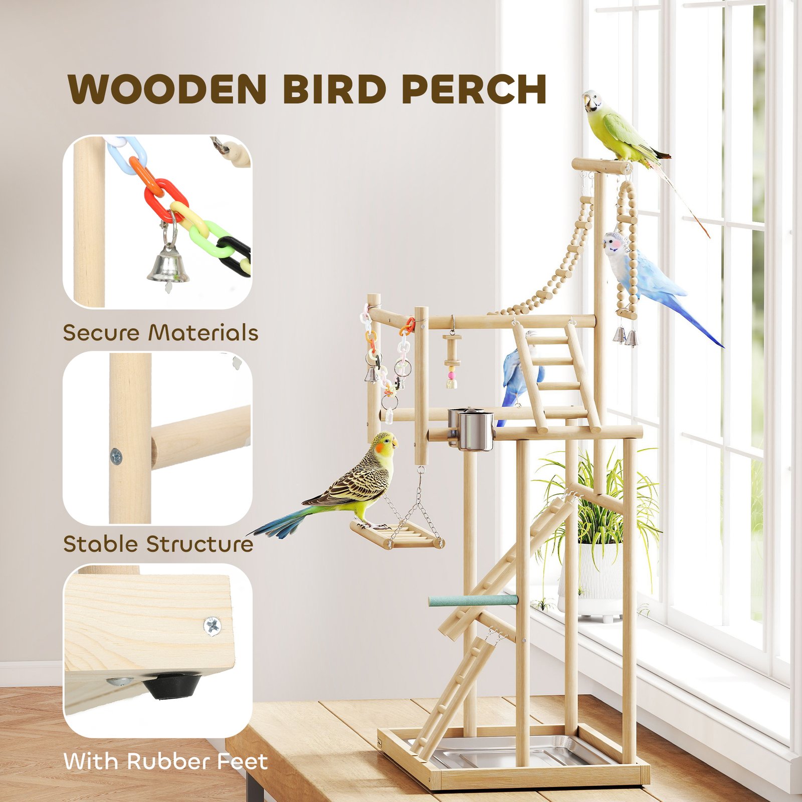 95 cm Wooden Bird Playground with Ladders, Chain Toy, Stainless Steel Cups and Tray, Bird Cage Accessories, Natural