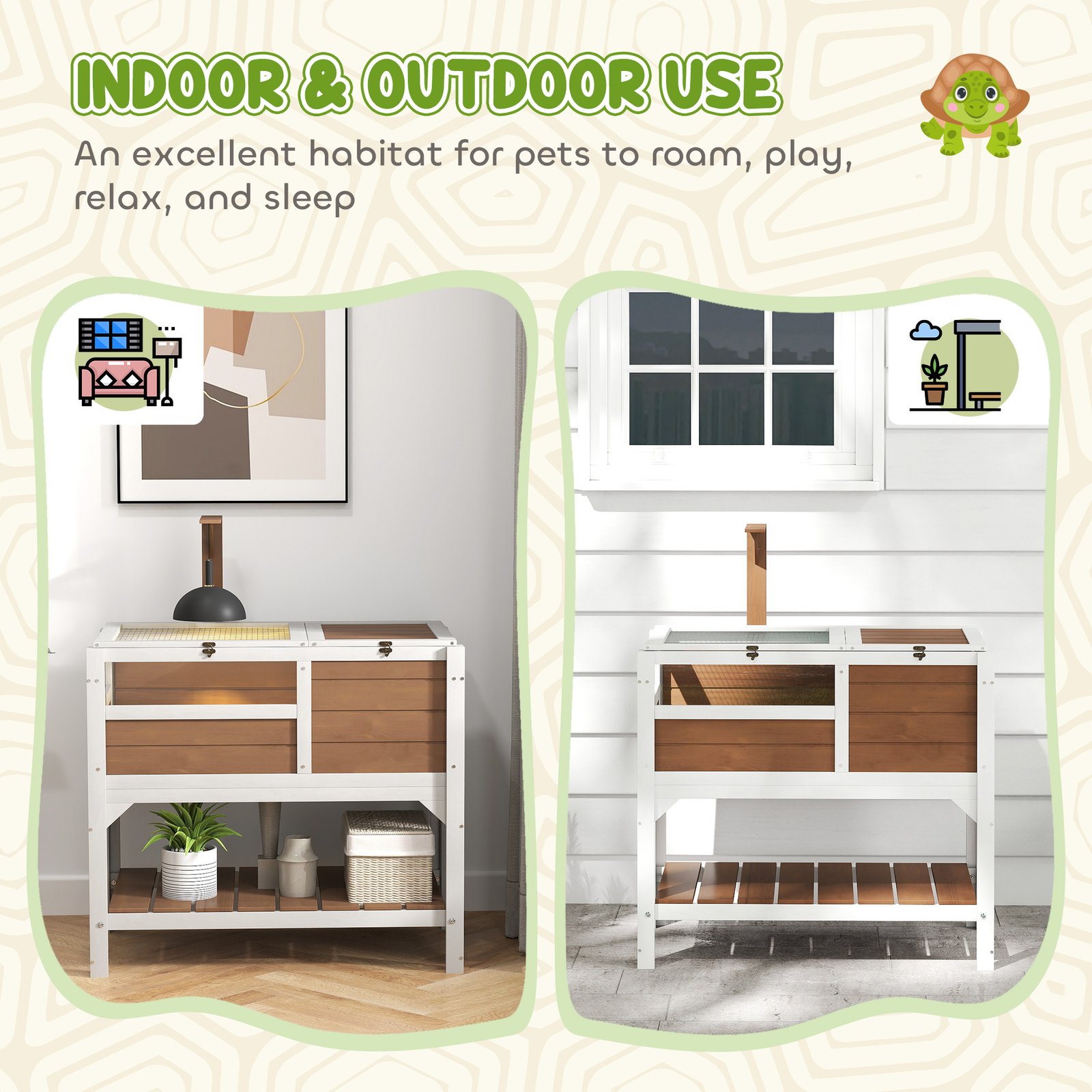 Wooden Tortoise House, with Shelter, Run, Shelf, Lamp Holder, Tray - Brown