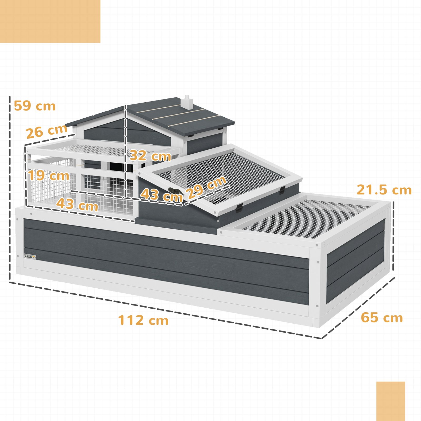 Tortoise House 3-Room with 2 Stories, Ladder, Balcony, Tray, Openable Roof, 59H x 112L x 65Wcm, Grey