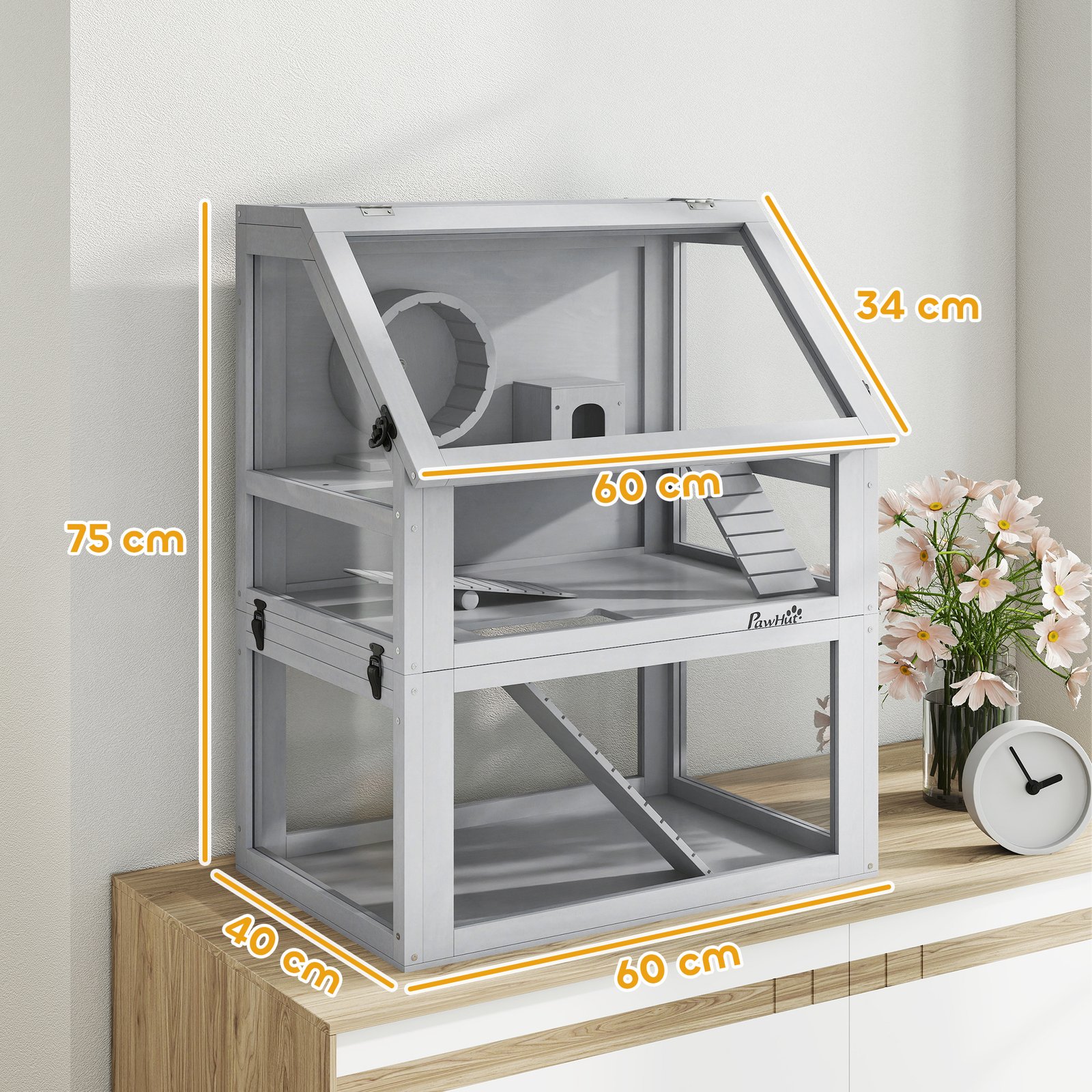 Wooden Hamster Cage with Detachable 32cm Deep Bottom, Hut, Seesaw, Exercise Wheel, Ramp, 60 x 40 x 75cm, Light Grey