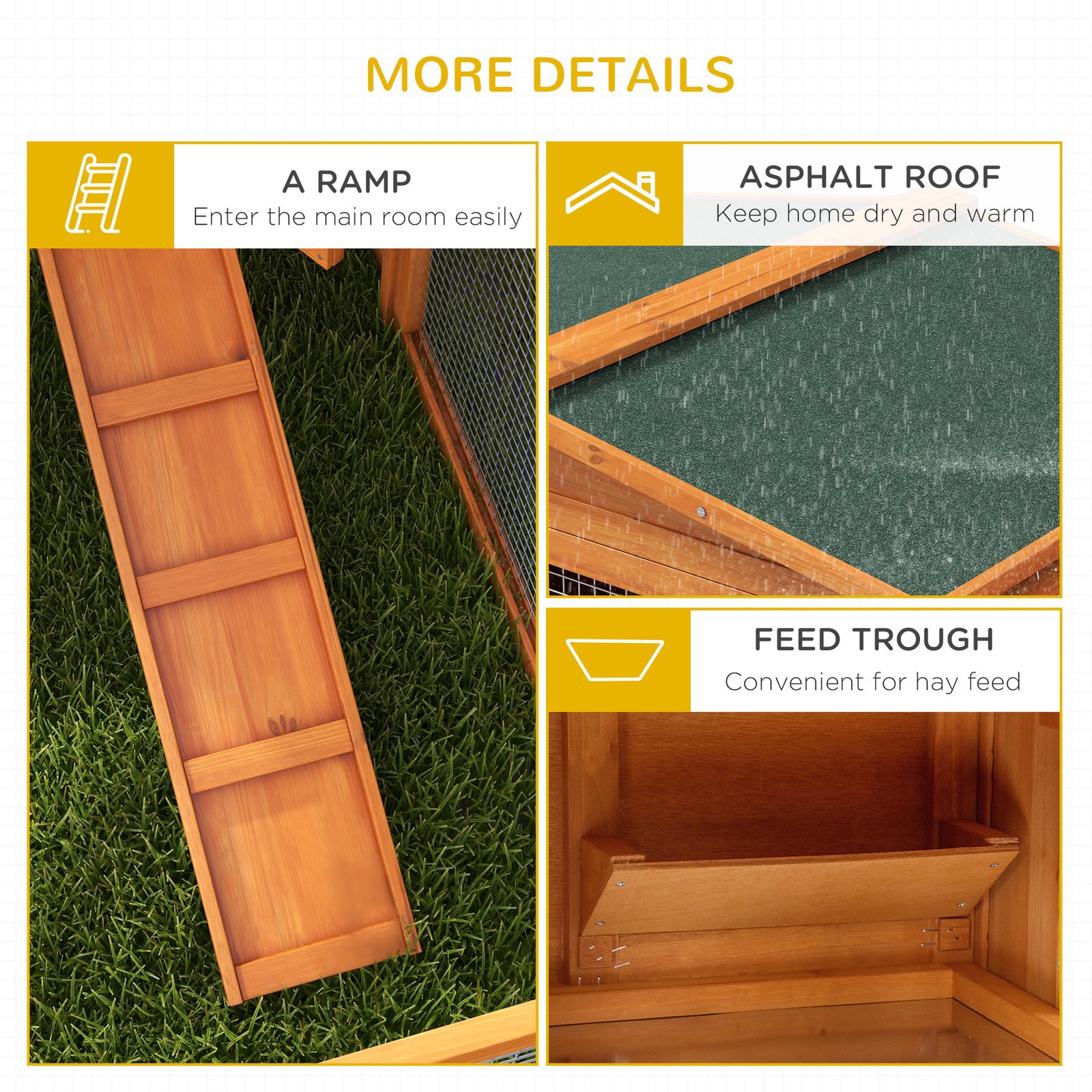Rabbit Hutch with Run Wooden Guinea Pig Hutch Outdoor Bunny Cage Hide House with Sliding Tray, Hay Rack, Ramp, 156 x 58 x 68cm, Orange - Image 7