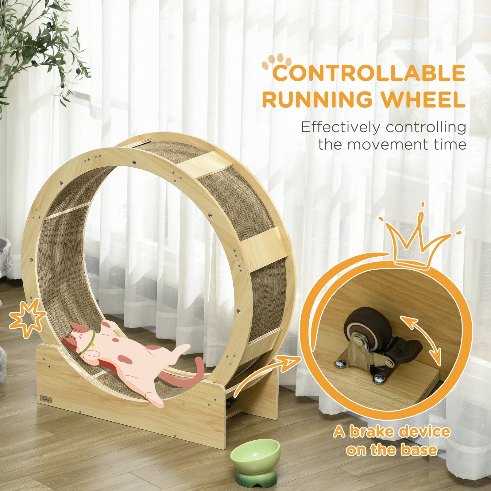 Cat Wheel with Brake, Scratching Pads - Oak Tone - Image 6