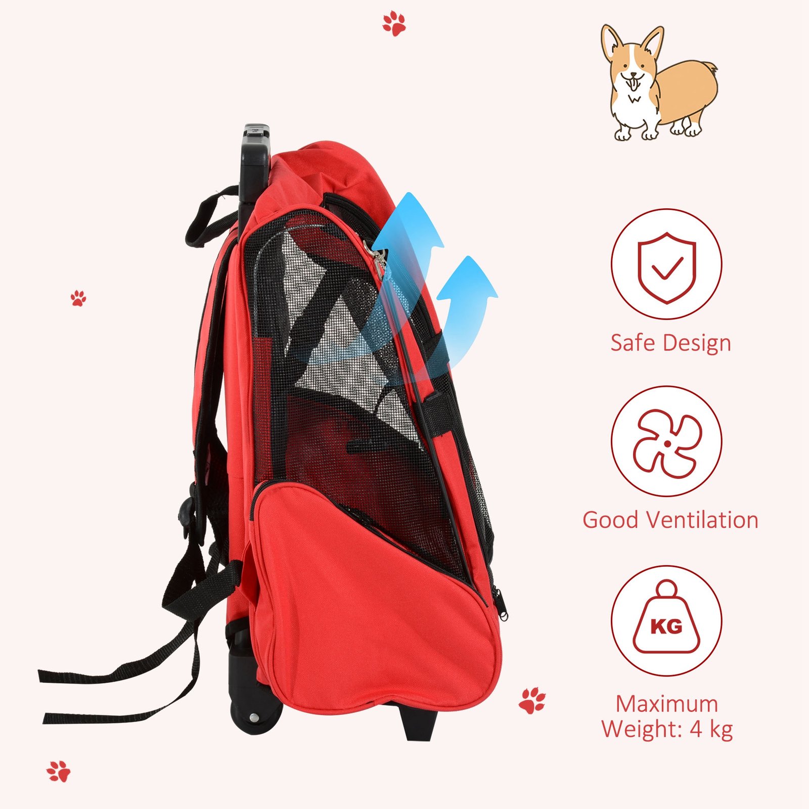 2 in 1 Dog Backpack and Trolley, Pet Travel Backpack Cat Dog Carrier with Telescopic Handle, Portable Pet Stroller Wheel Luggage Bag (Red)