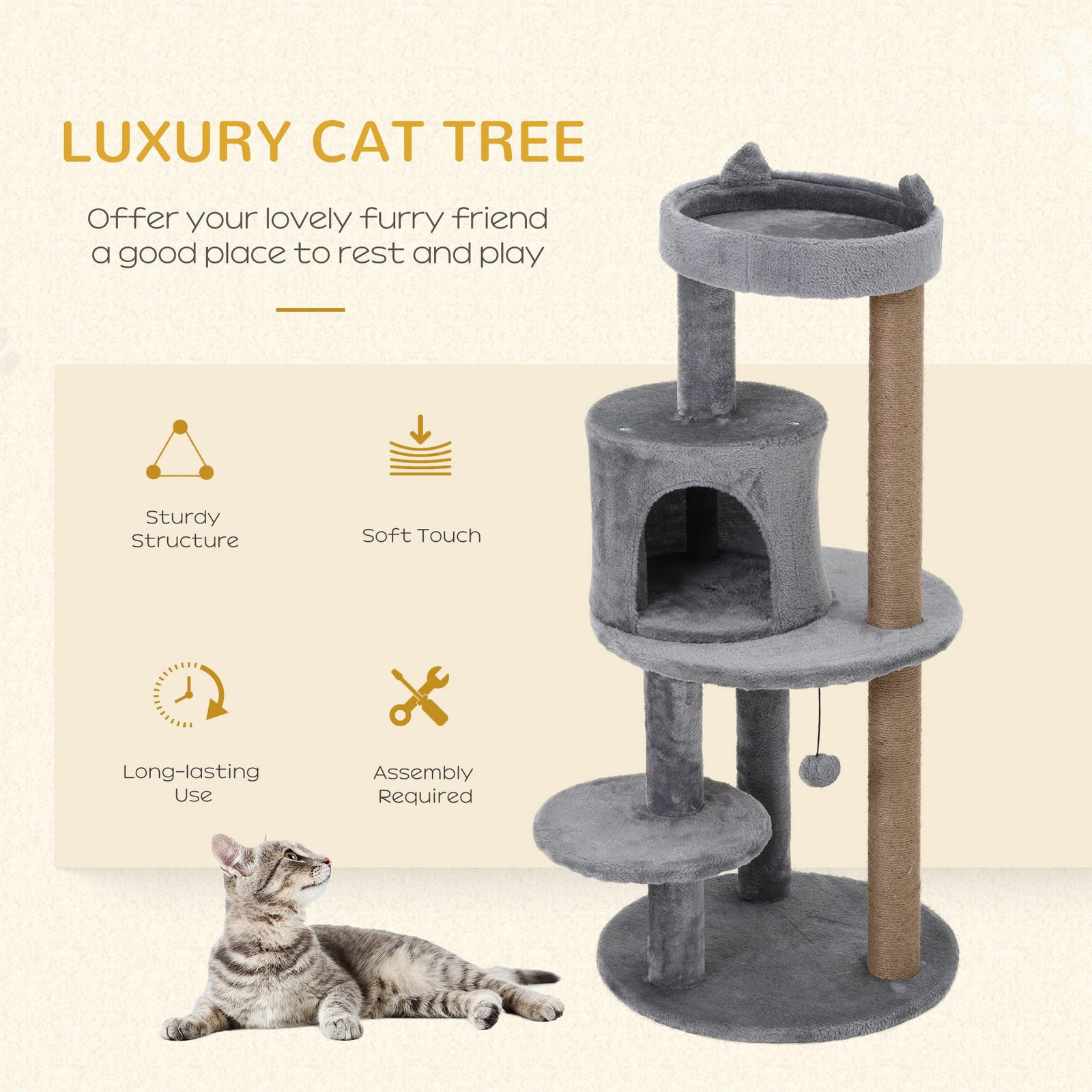 104 cm Cat Tree, Cat Condo Tree Tower, Cat Activity Centre with Scratching Posts, Plush Perches, Hanging Ball - Grey