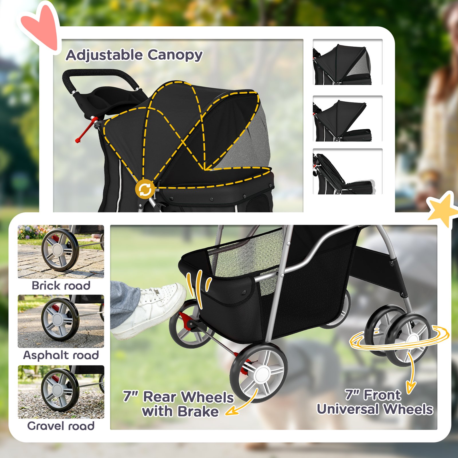 Dog Pram, Pet Stroller with Reflective Strips, Foldable Cat Stroller with 360° Swivel Wheels, Black - Image 6