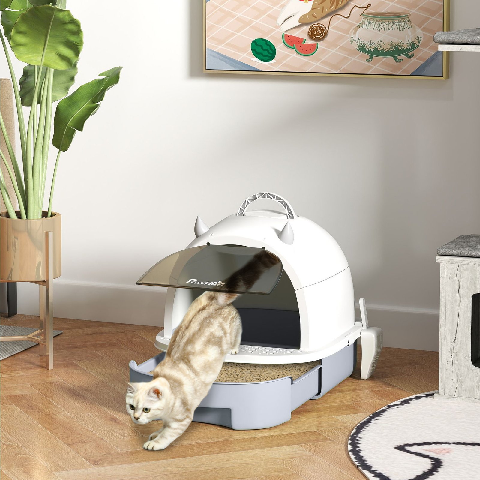Enclosed Cat Litter Box w/ Pull-Out Drawer, Scoop, Deodorising Bags for Odour Control, Privacy, Portable, Easy to Clean