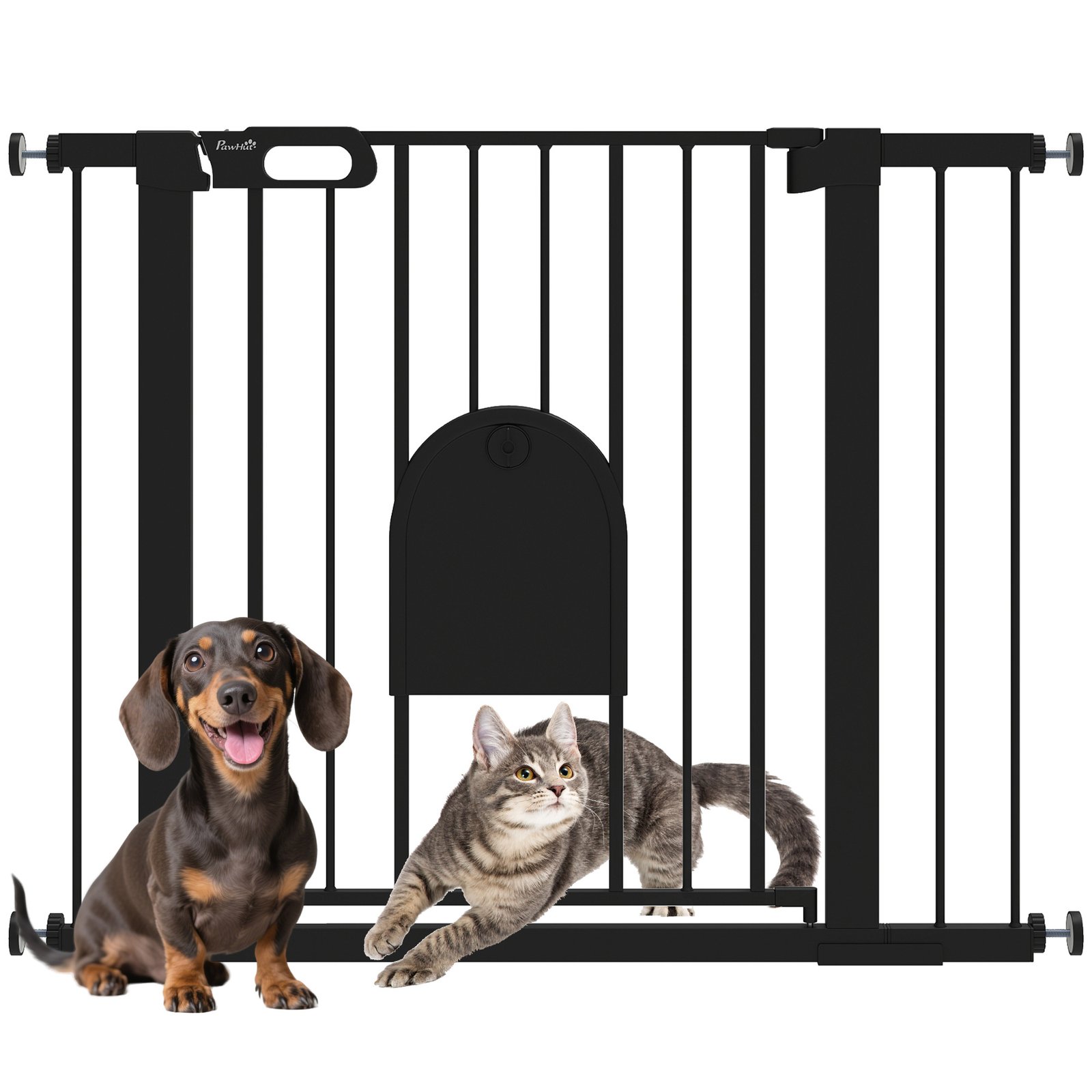 Dog Gate with Cat Flap Pet Safety Gate Barrier, Stair Pressure Fit, Auto Close, Double Locking, for Doorways, Hallways, 75-103 cm Black