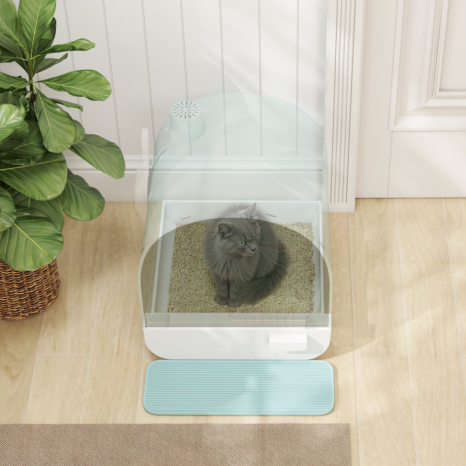 Hooded Cat Litter Box, Kitten Litter Tray, with Lid, Scoop, Filter, Flap Door