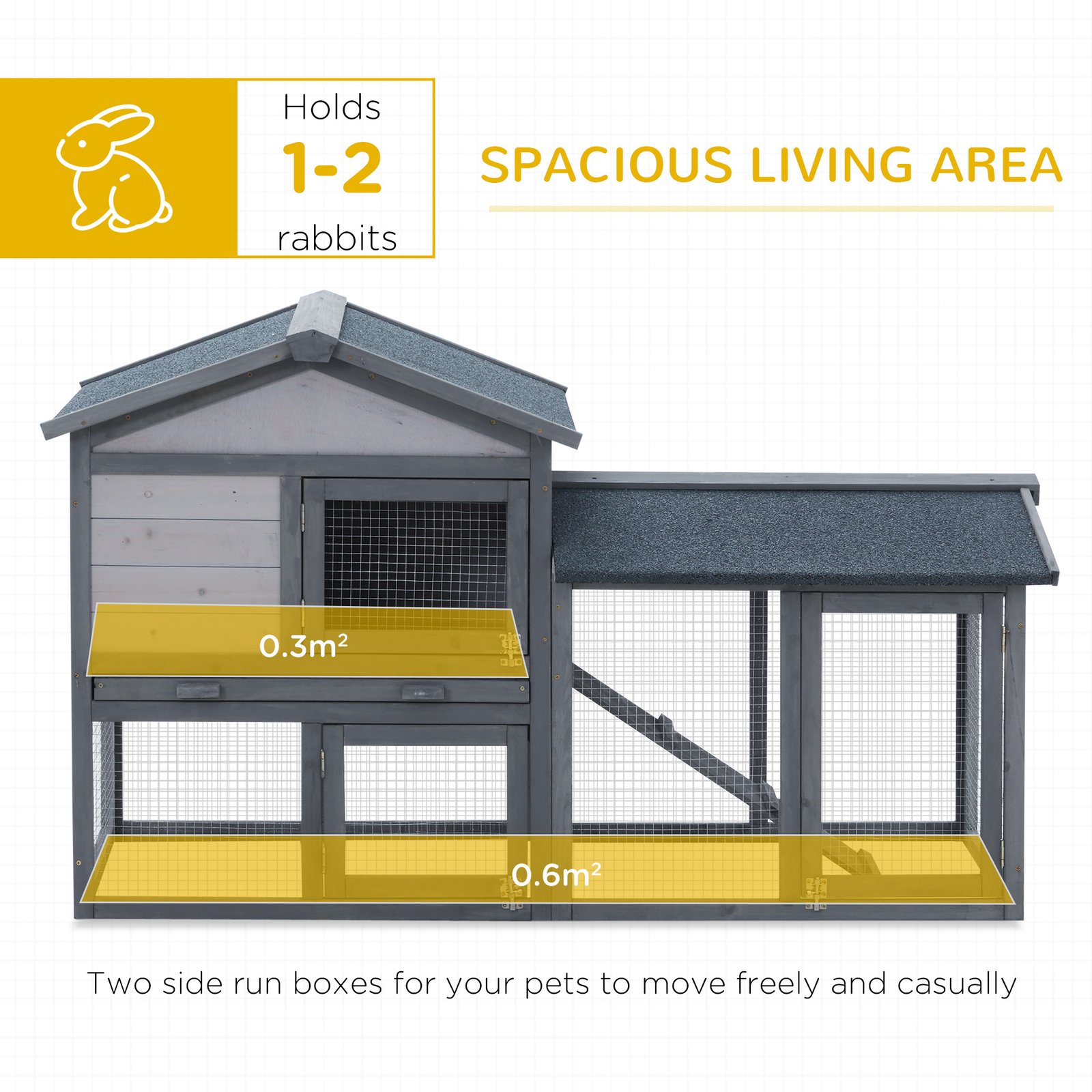 Wooden Rabbit Hutch Outdoor, Double Tier with Water-Resistant Roof, Ramp 147 x 54 x 84 cm, Grey - Image 5