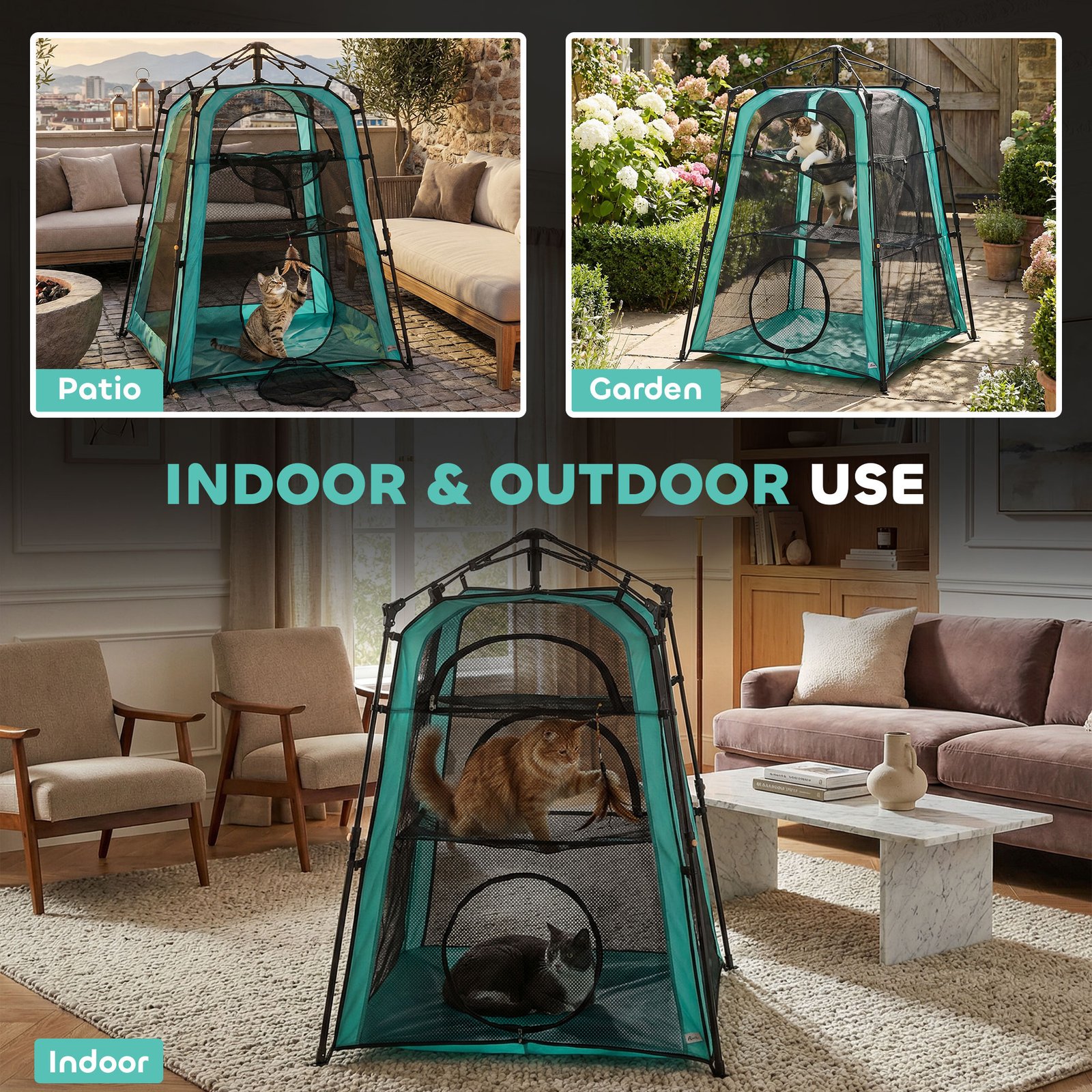 Cat Tent, 3-Tier Portable Pet Tent for Indoor Outdoor, Cat House with Multi-Door, Carry Bag, Breathable Mesh