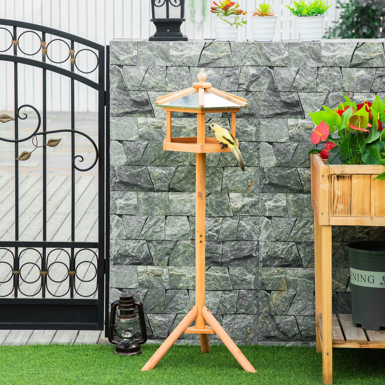 Wooden Bird Table Free Standing Feeder Garden Sheltered Feeding Station Parrot Stand Birdhouse Φ40x113cm