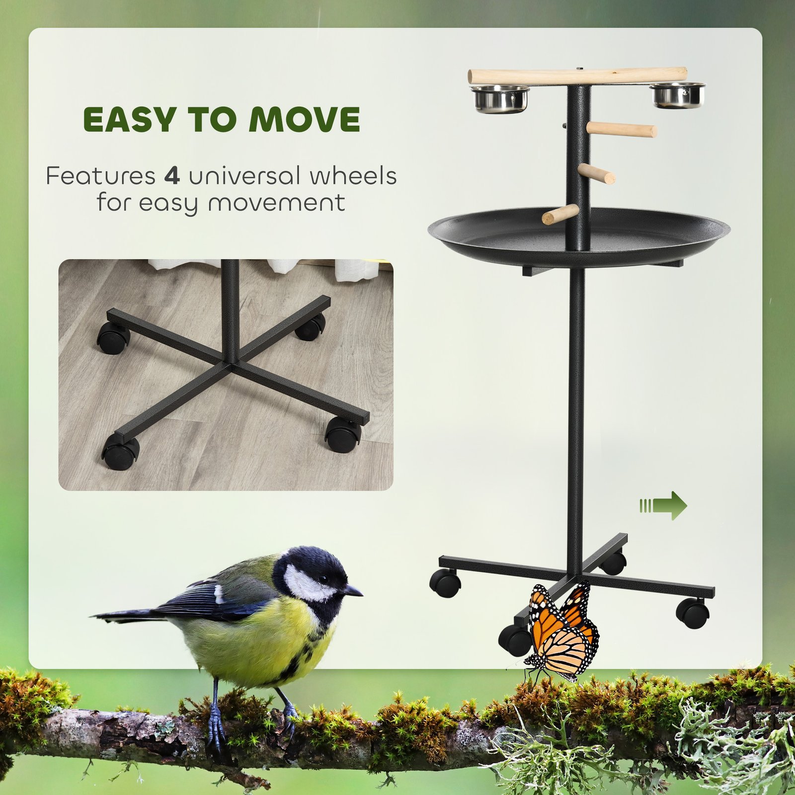 Parrot Perch Stand, Large Bird Play Stand, Metal Bird Table Feeder Station with Stainless Steel Bowls, Four Wheels, Round Tray, Black