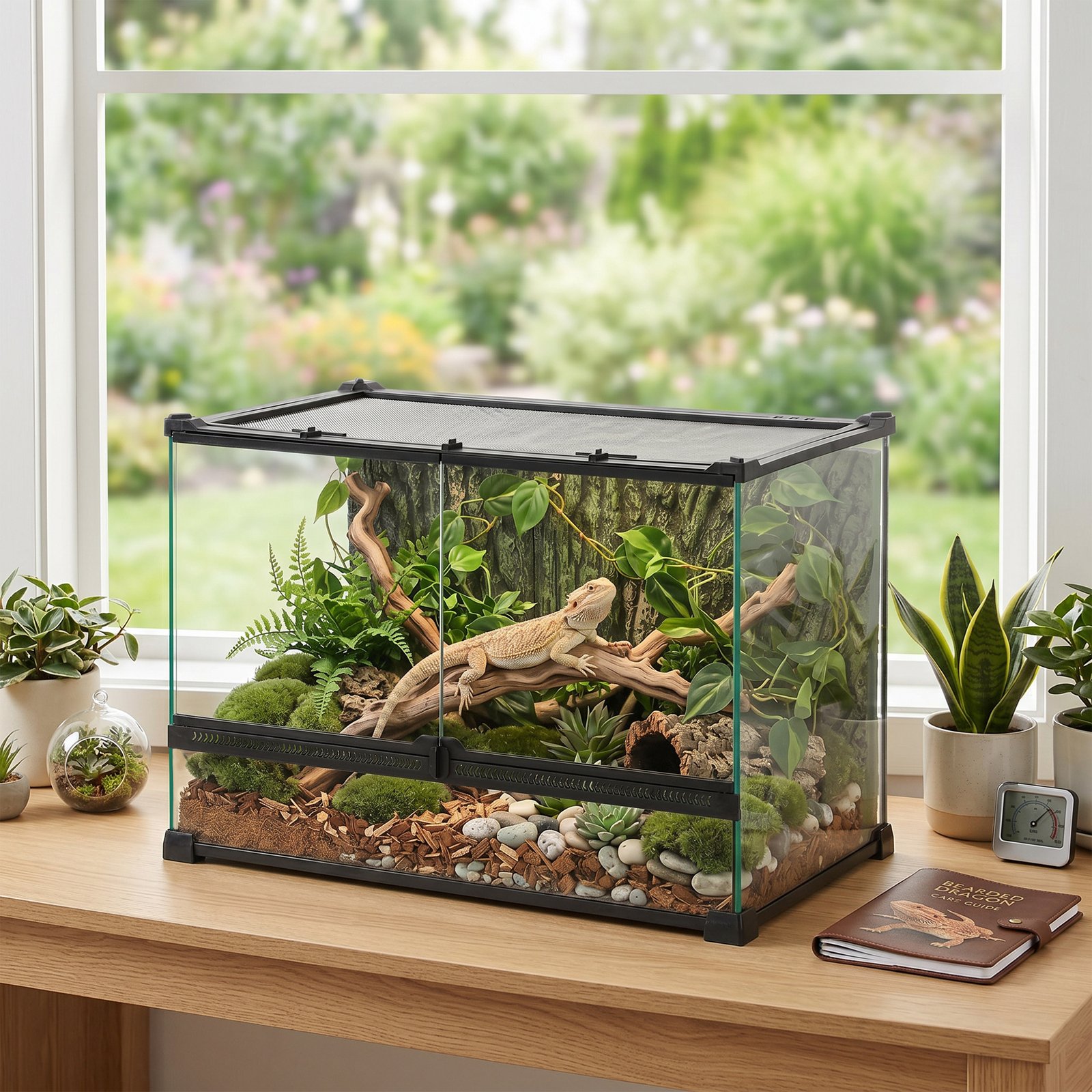 Reptile Glass Terrarium with Stone Background, Front Ventilation, Escape-Proof Knob Lock, 50 x 30 x 35 cm, Black - Image 8