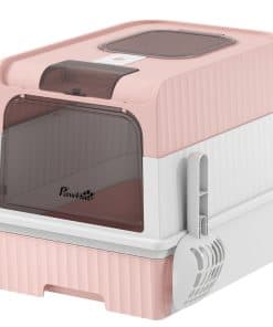 Enclosed Cat Litter Box with Lid, Pull-Out Drawer Tray, Scoop, 4 Deodorisation Bags, Front Entry & Top Exit, Pink