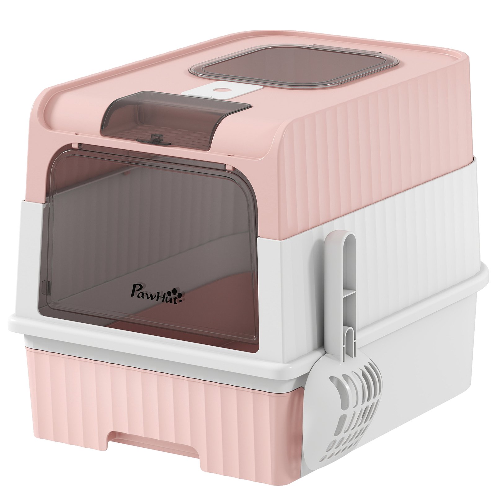 Enclosed Cat Litter Box with Lid, Pull-Out Drawer Tray, Scoop, 4 Deodorisation Bags, Front Entry & Top Exit, Pink