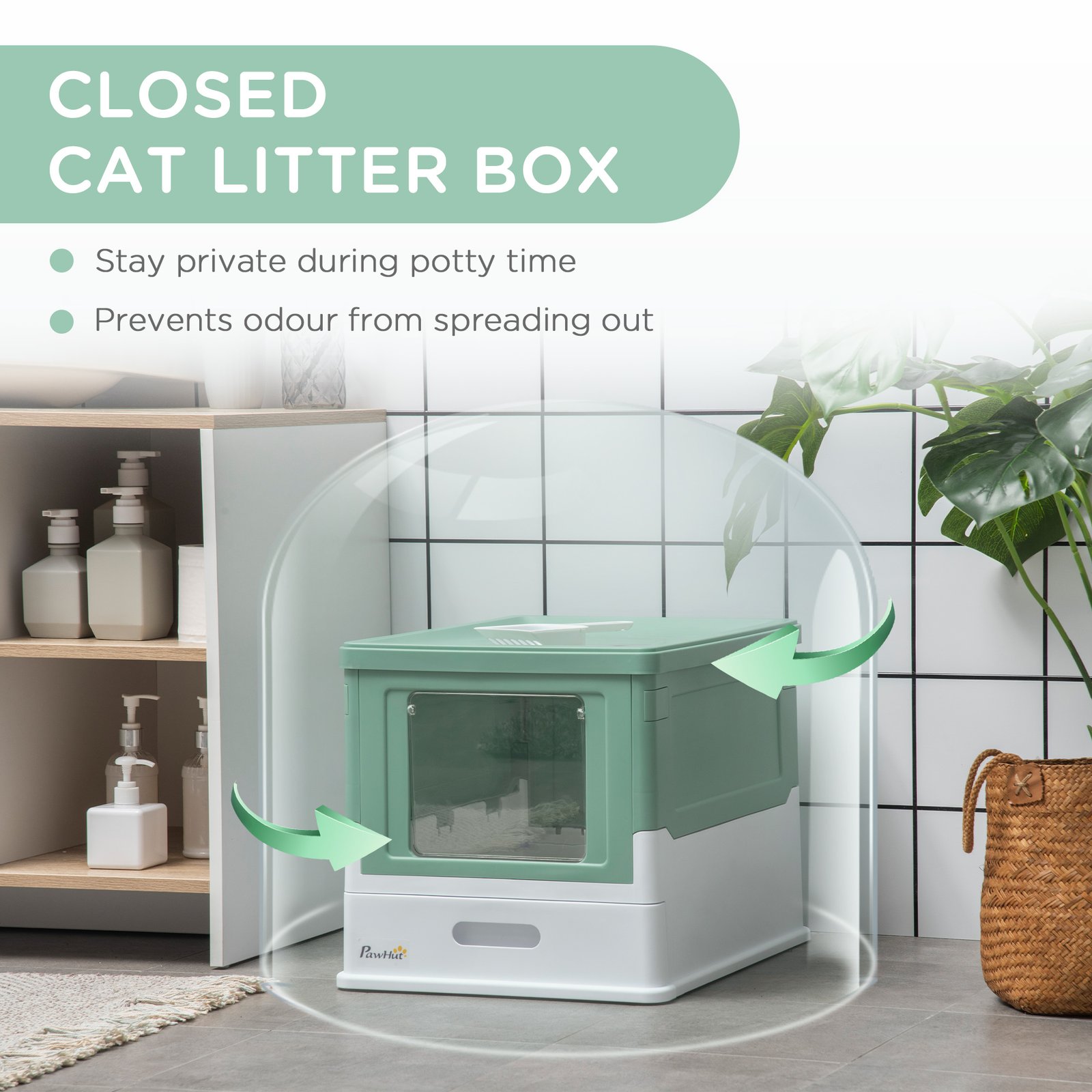 Hooded Cat Litter Box, Portable Pet Toilet, with Scoop, Front Entry - Green