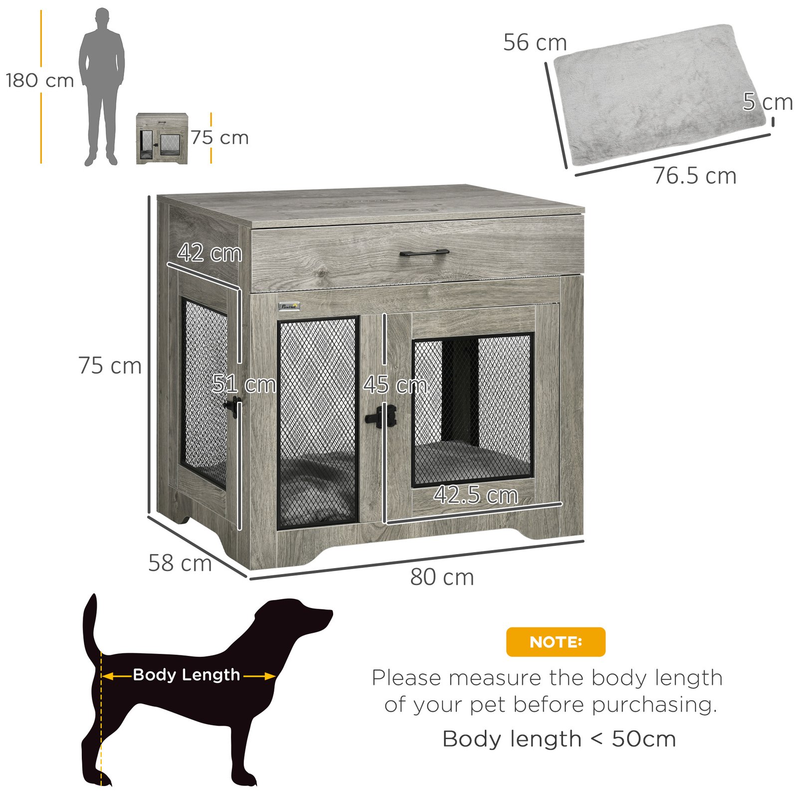 Dog Cage End Table with Two Doors, Drawer, for Medium Dogs - Grey - Image 3