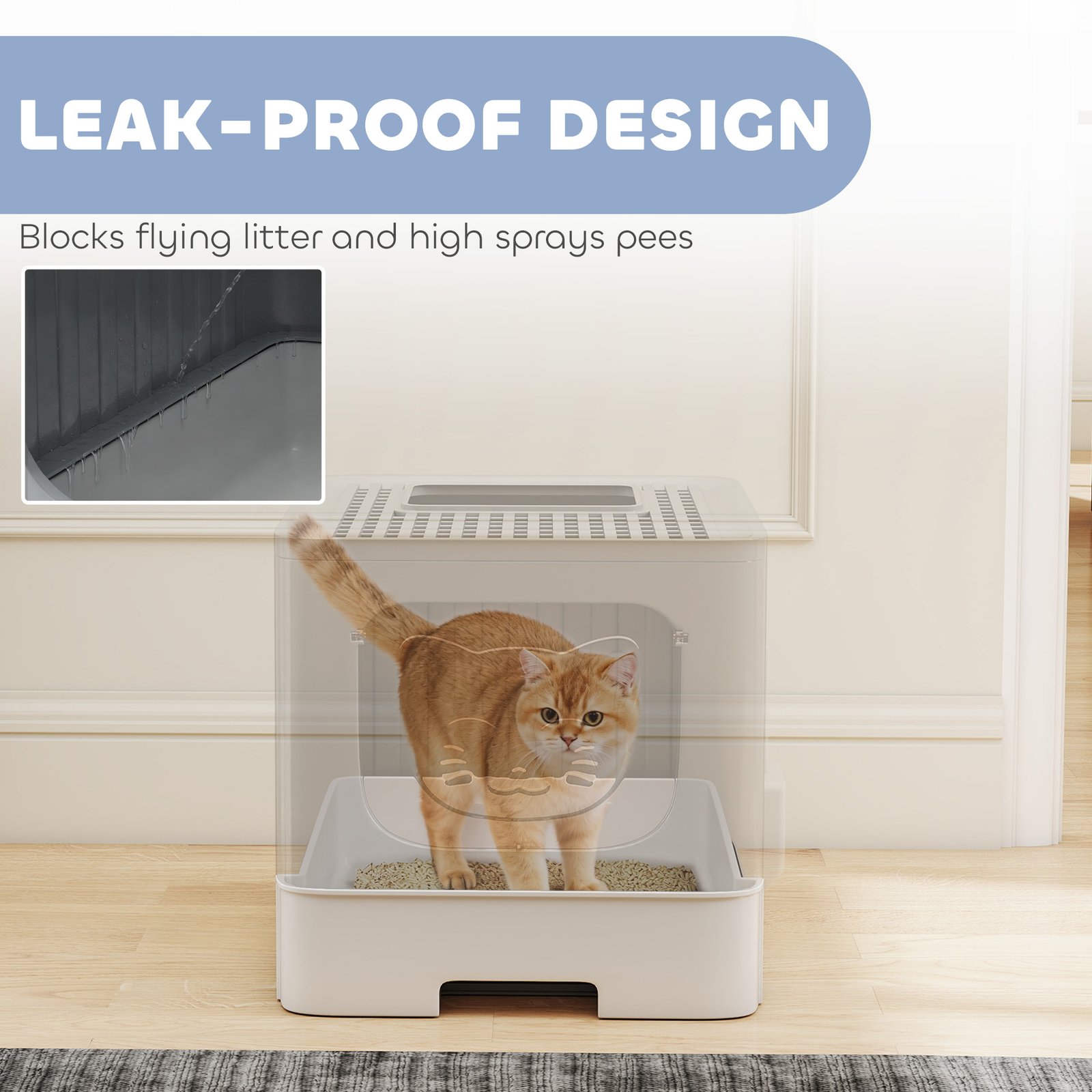 Cat Litter Box with Lid, Slide-Out Drawer, Scoop, Easy Clean, Odour Control, Anti-Splashing, Grey