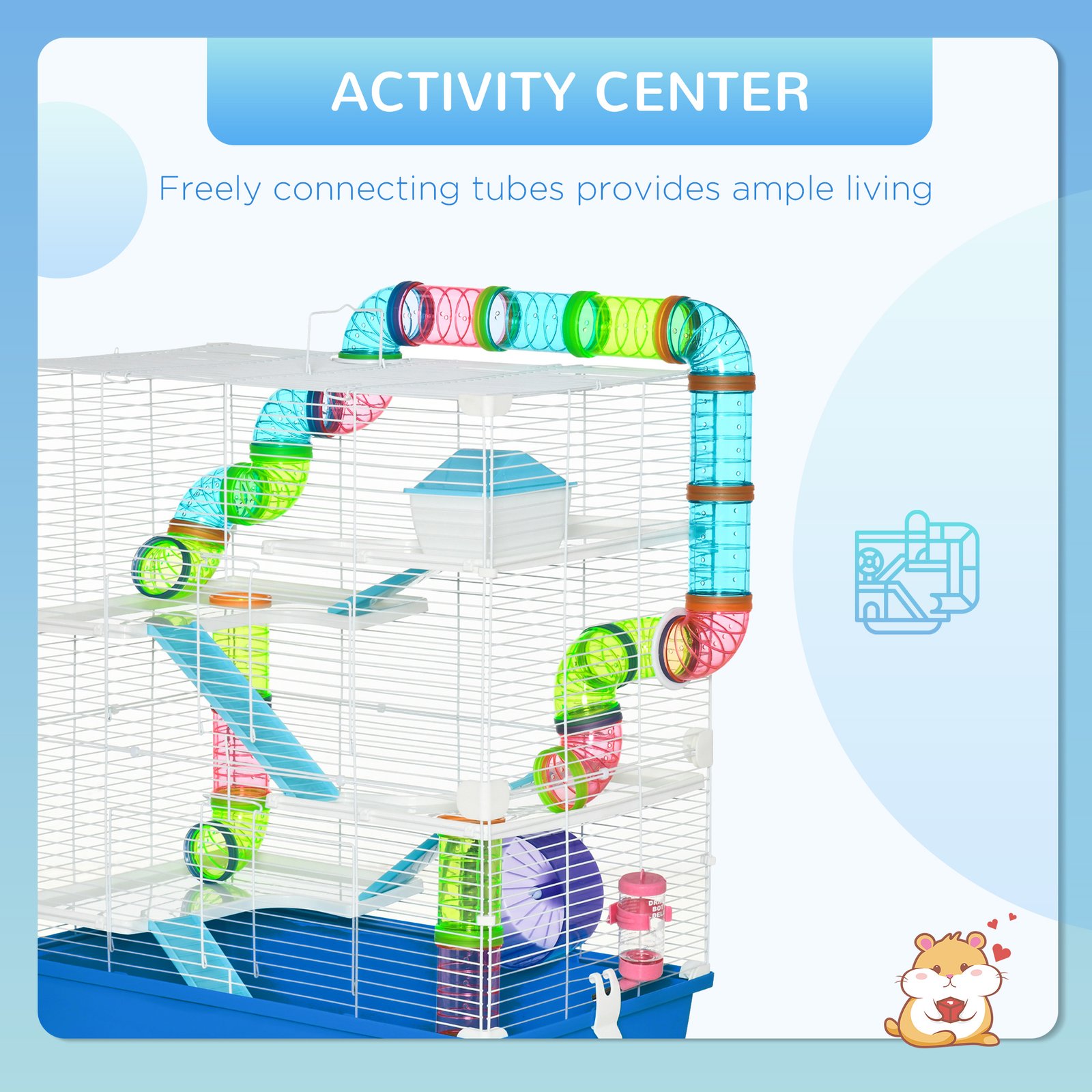 5 Tier Hamster Cage, Gerbil Cage with Exercise Wheel, Feeder Bowl, Tube, Water Bottle, 59L x 36W x 69H cm - Blue - Image 4