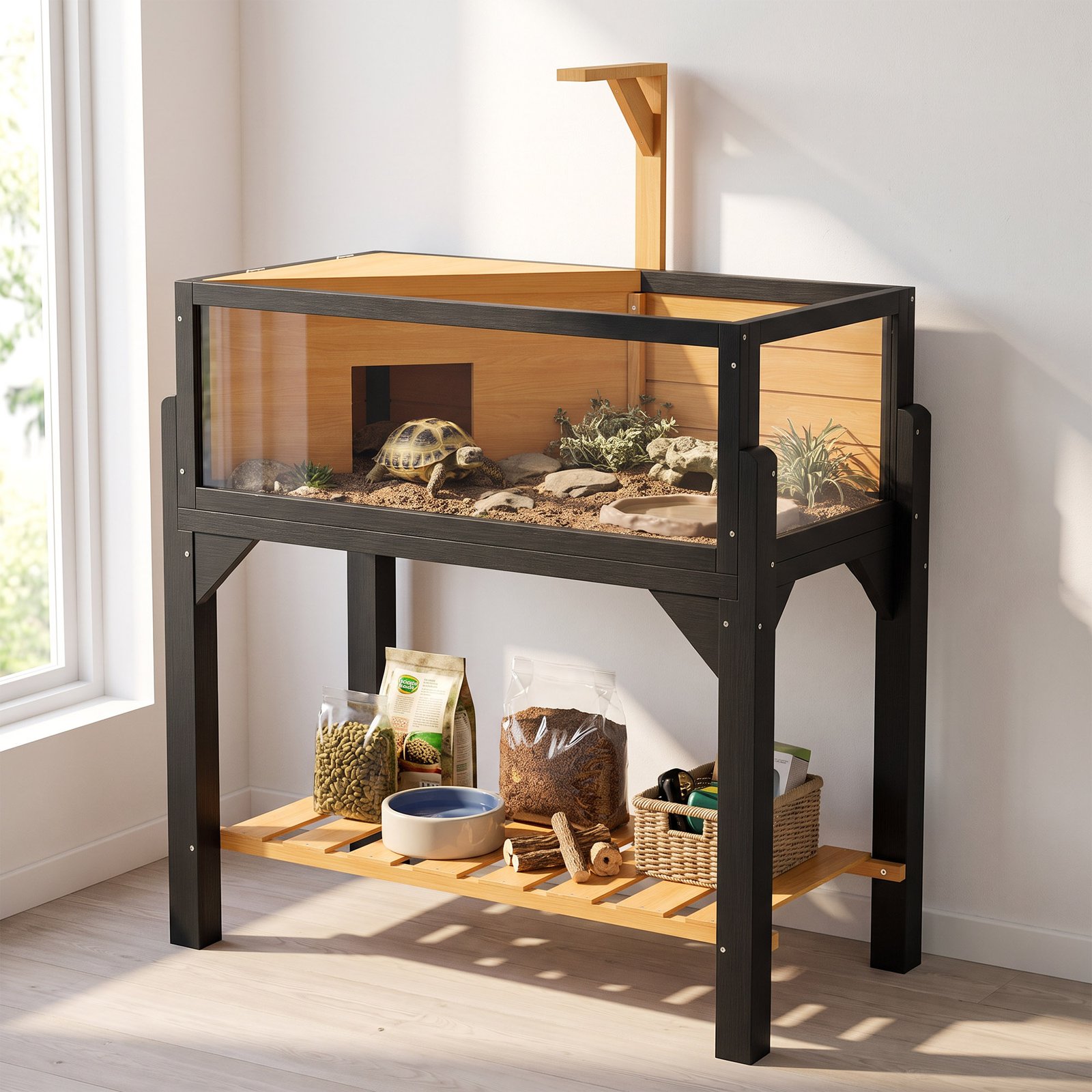 Wooden Tortoise House with Storage Shelf, Clear Observation Windows, Lamp Holder, Openable Top, Built-in Tray, Yellow