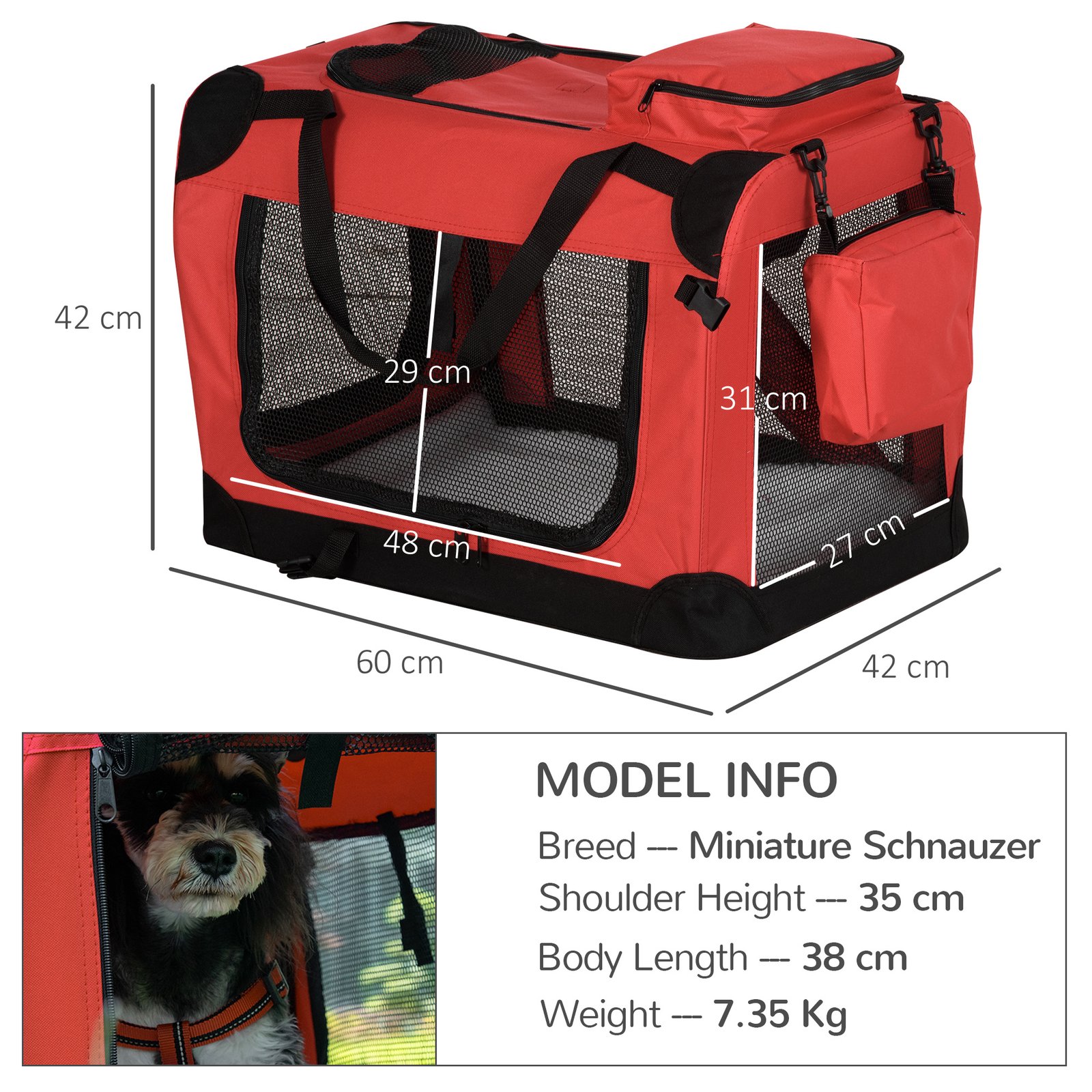 Foldable Pet Carrier for Small and Miniature Dogs, Portable Cat Carrier Soft Side Pet Travel Crate with Removable Mat, Storage Bags, Breathable Mesh Window 60 x 42 x 42cm - Red - Image 3