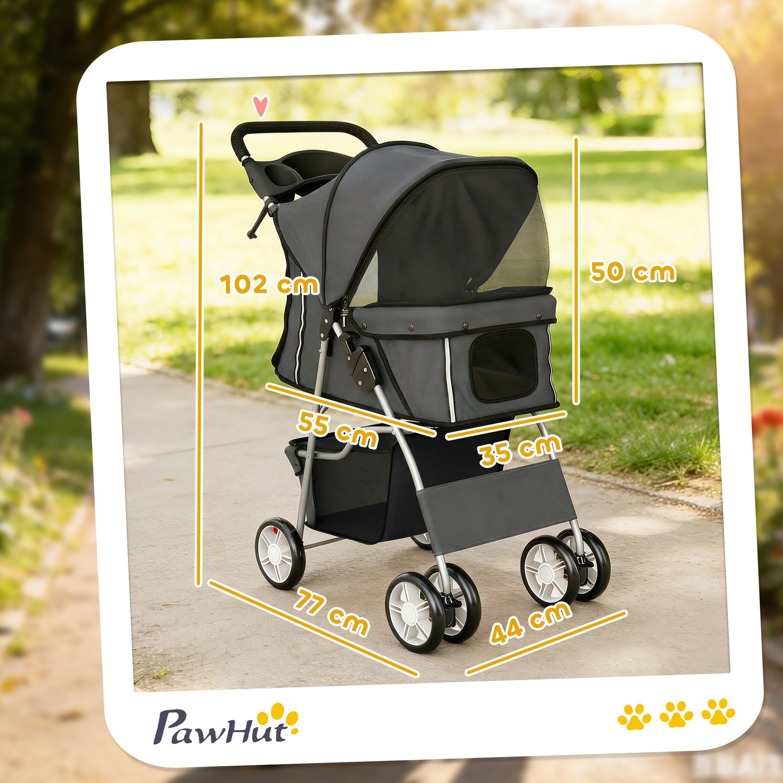 Dog Pram, Pet Stroller with Reflective Strips, Foldable Cat Stroller with 360° Swivel Wheels, Dark Grey