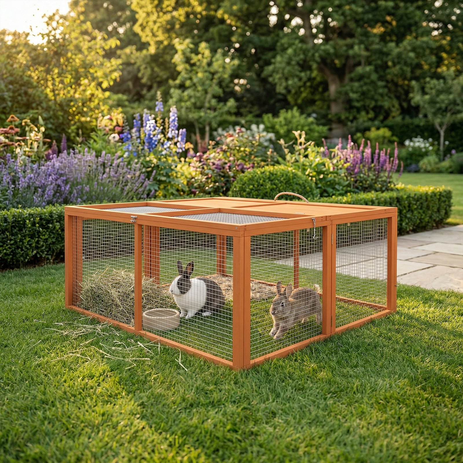 Wooden Folding Rabbit Hutch, for 2-3 Rabbits - Orange - Image 9