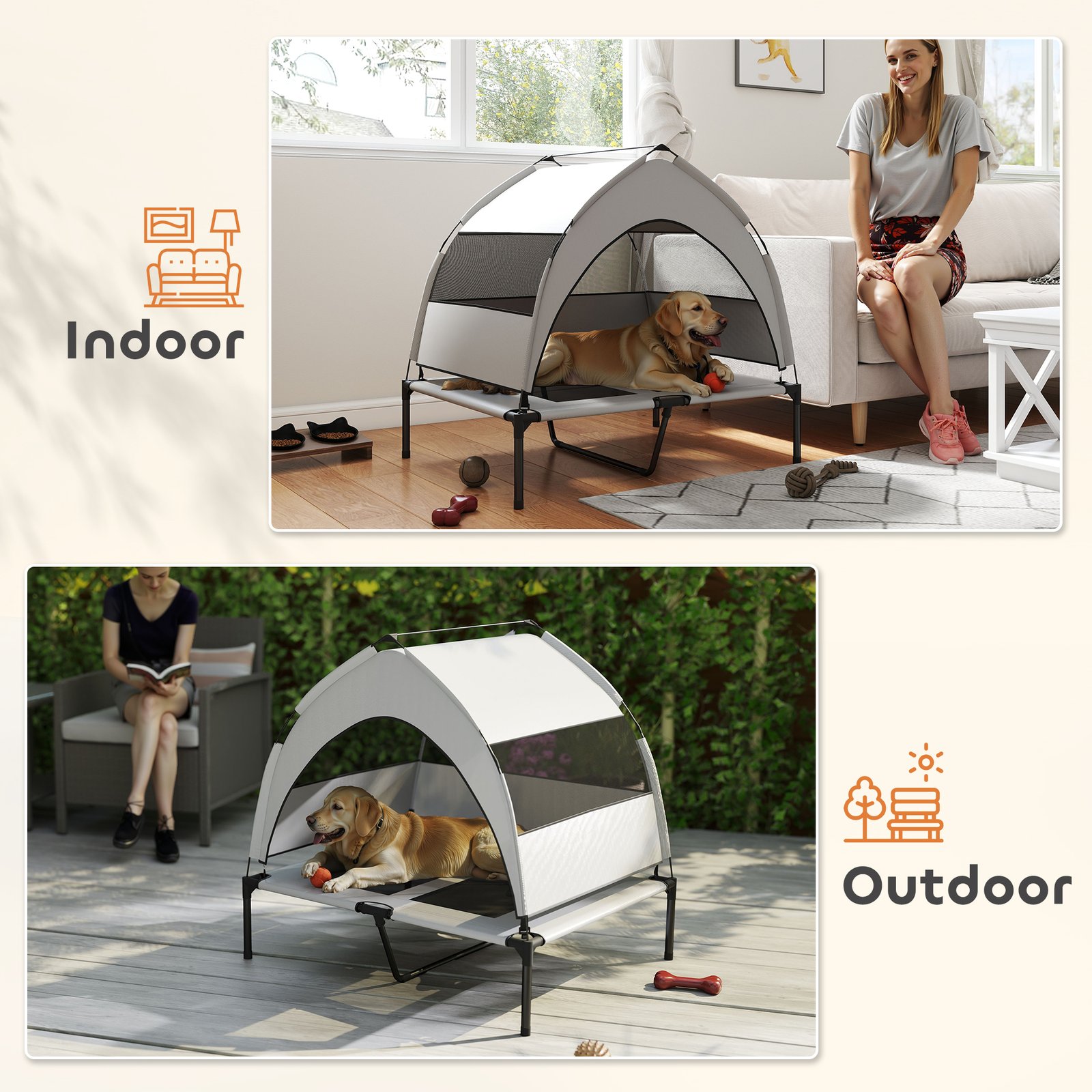 Portable Elevated Dog Bed with Removable Canopy, Cooling Raised Pet Cot for Medium Large Dogs, 92 x 75 x 85 cm