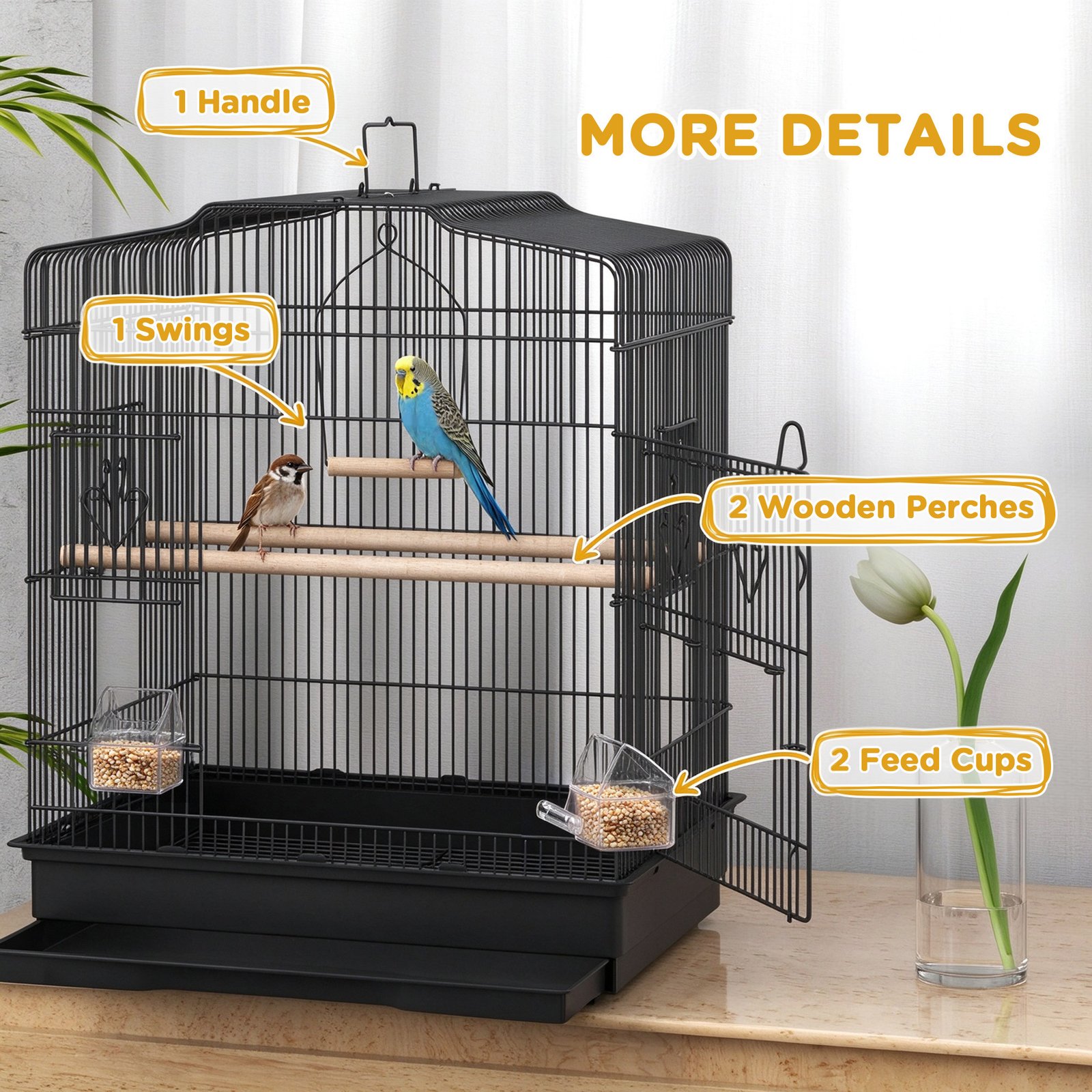 Large Metal Bird Cage with Perches, Food Bowls, Swing, for Budgies, Finches, Black