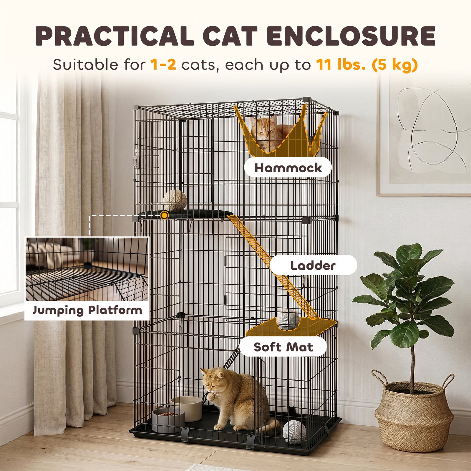 3-Tier Large Cat Cage Indoor, Detachable Metal Wire Kennel with Hammock, Platforms, Tray and Cushions for 1-2 Kittens