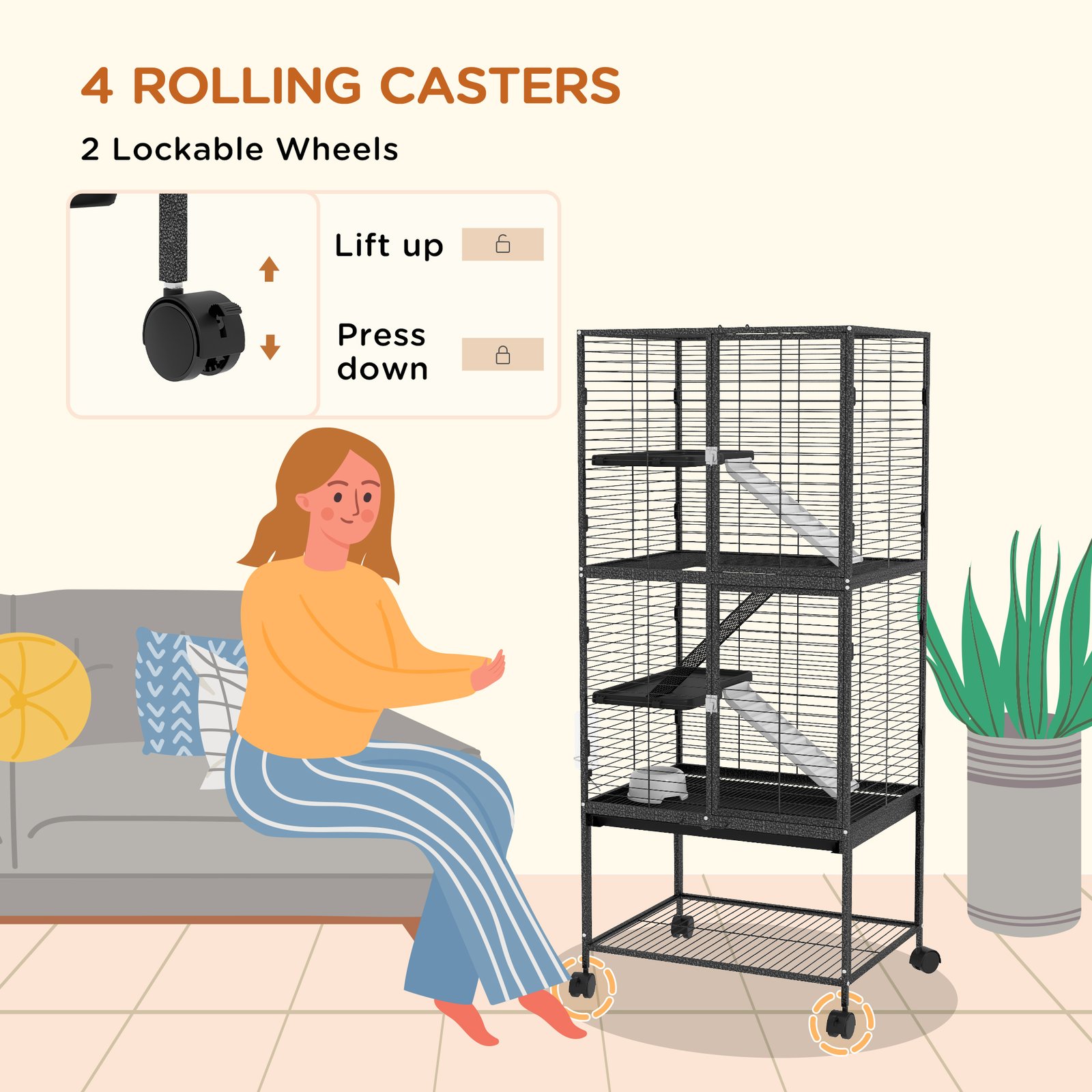 Rolling Chinchilla Cage, Small Animal Cage for Ferrets w/ Three Doors, Storage, Shelf, Tray Tray, Bowl, Water Bottle - Image 6