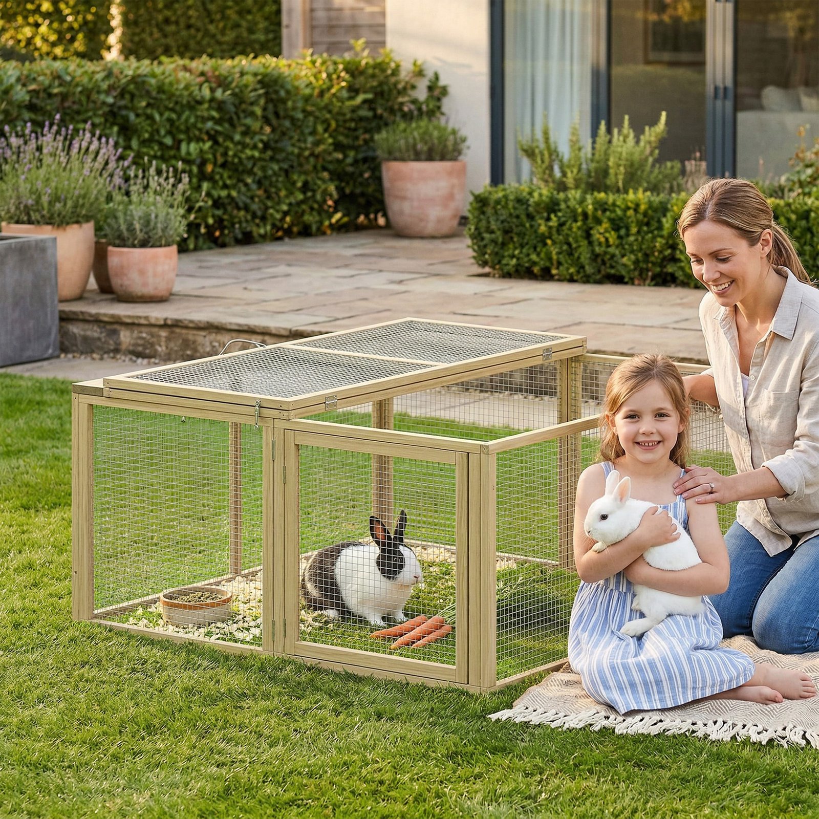 Wooden Folding Rabbit Hutch, for 2-3 Rabbits - Natural Wood - Image 9