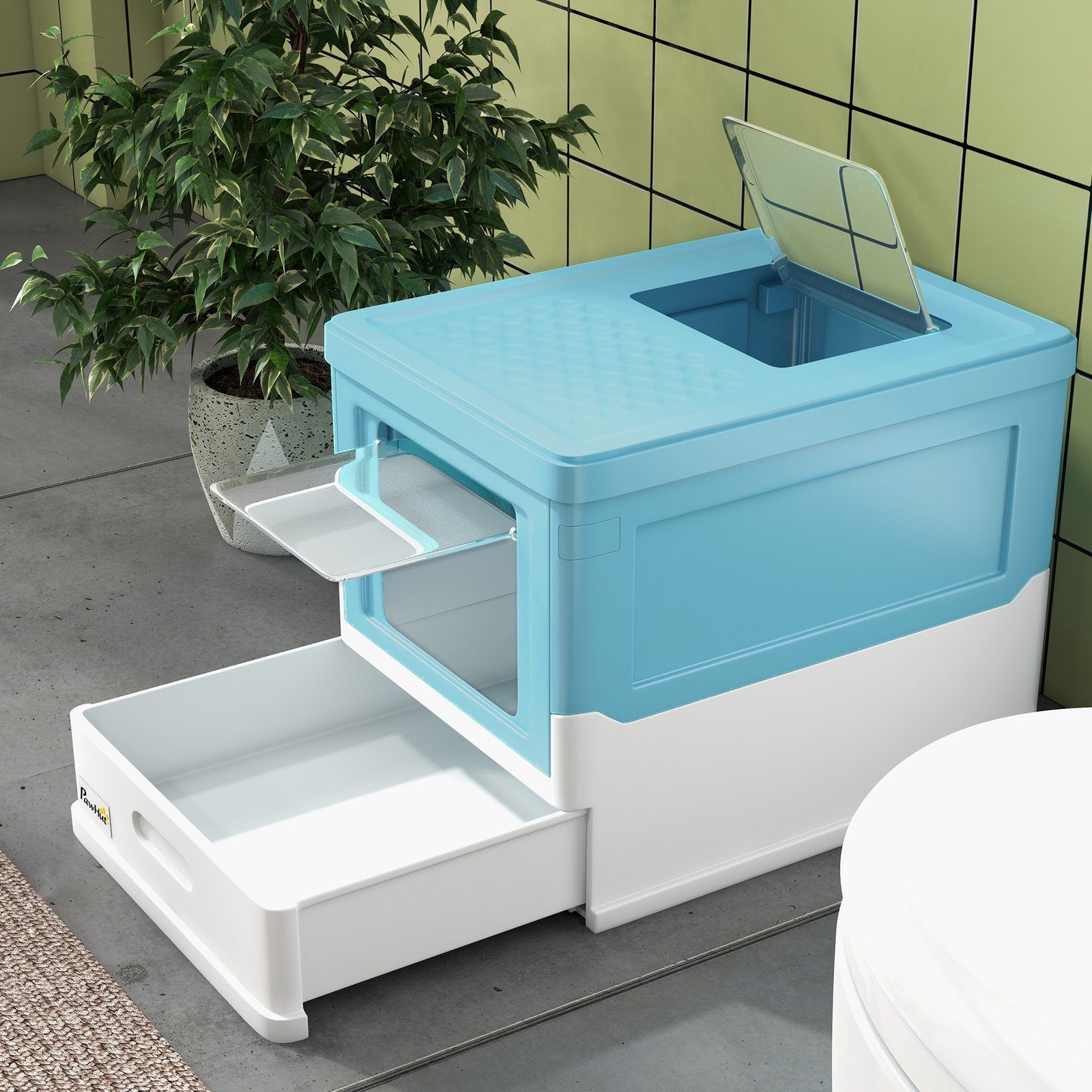 Hooded Cat Litter Box, Portable Pet Toilet, with Scoop, Front Entry - Light Blue