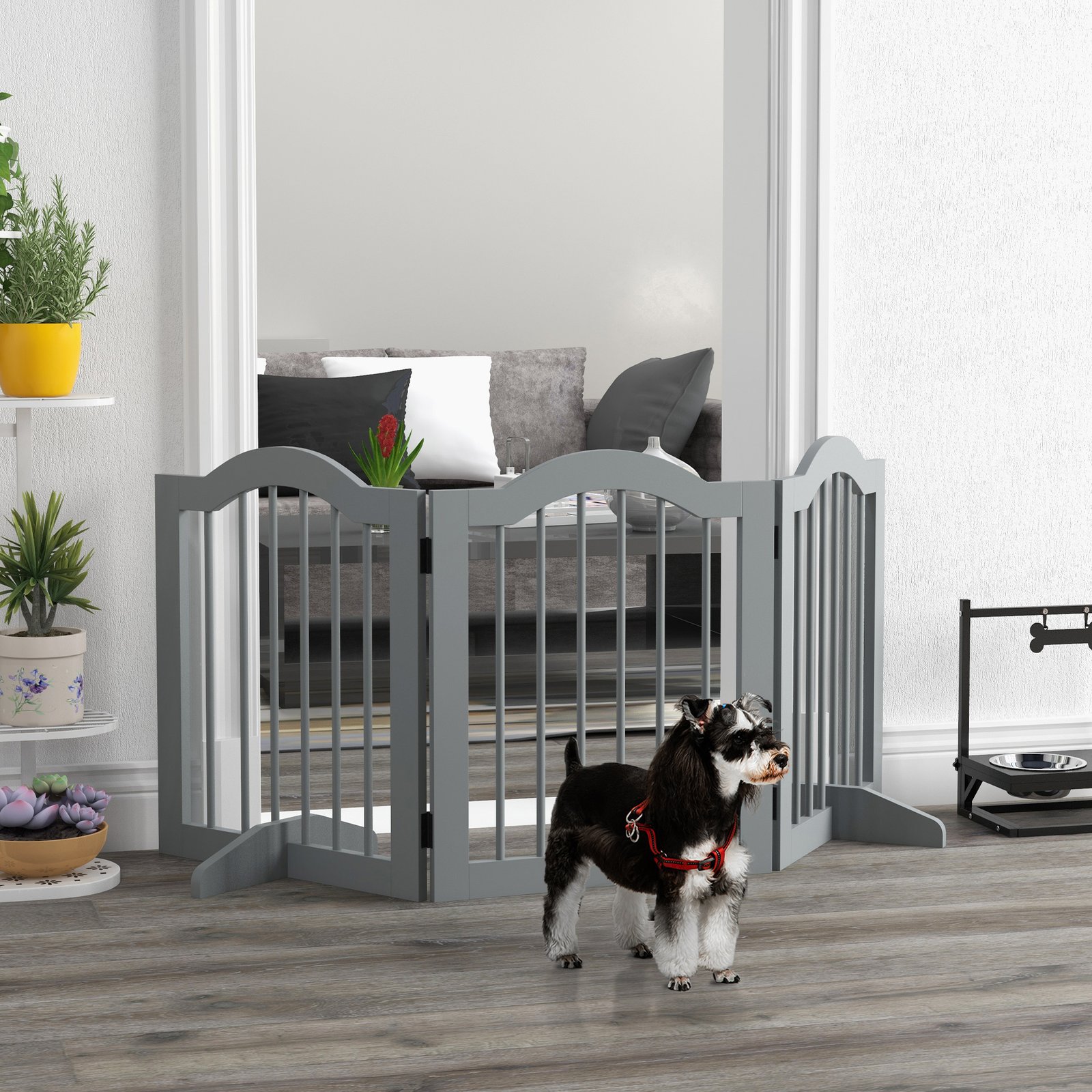 3 Panels Dog Gate w/ Support Feet Fence Safety Barrier Freestanding Wood Light Grey - Image 9
