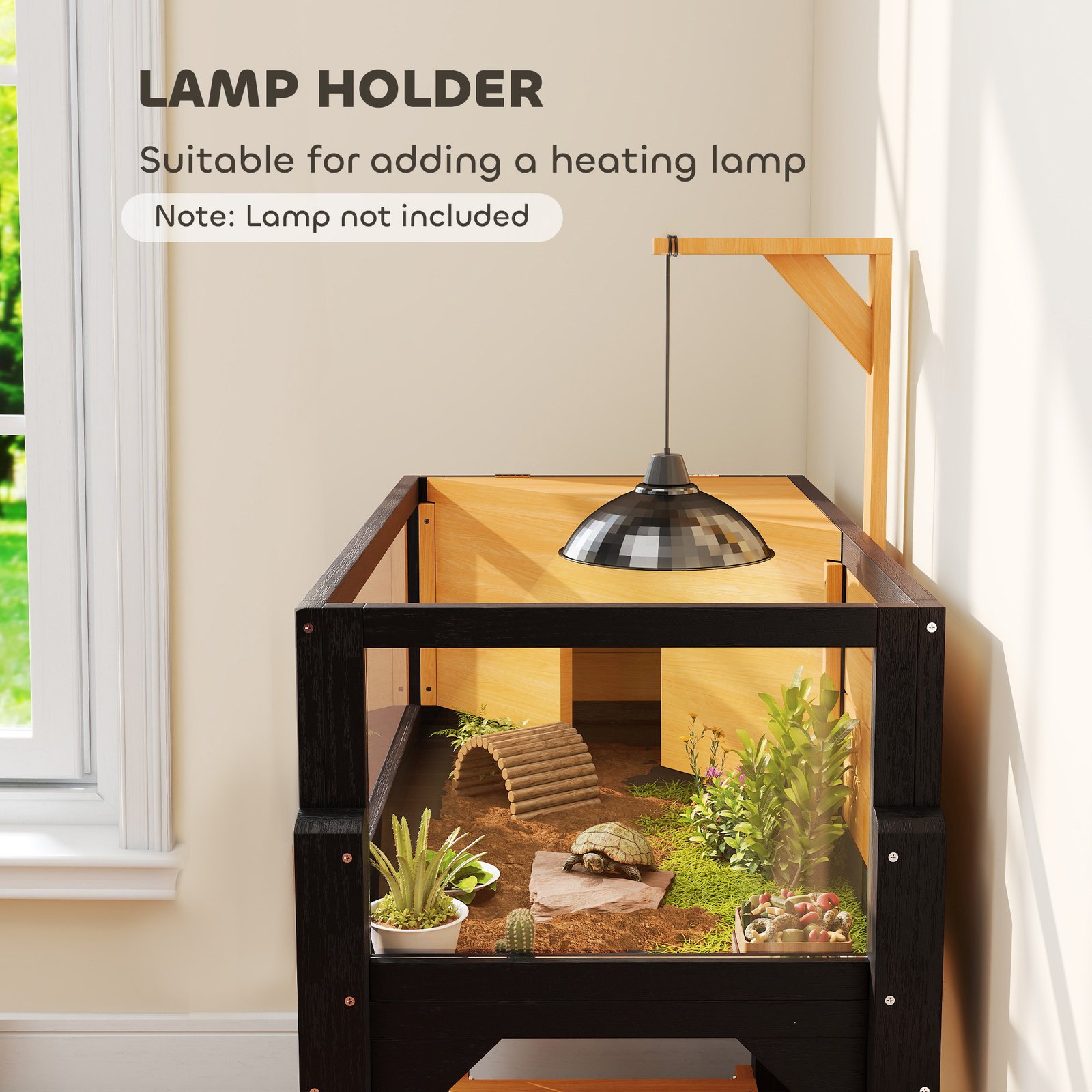 Wooden Tortoise House with Storage Shelf, Clear Observation Windows, Lamp Holder, Openable Top, Built-in Tray, Yellow - Image 7