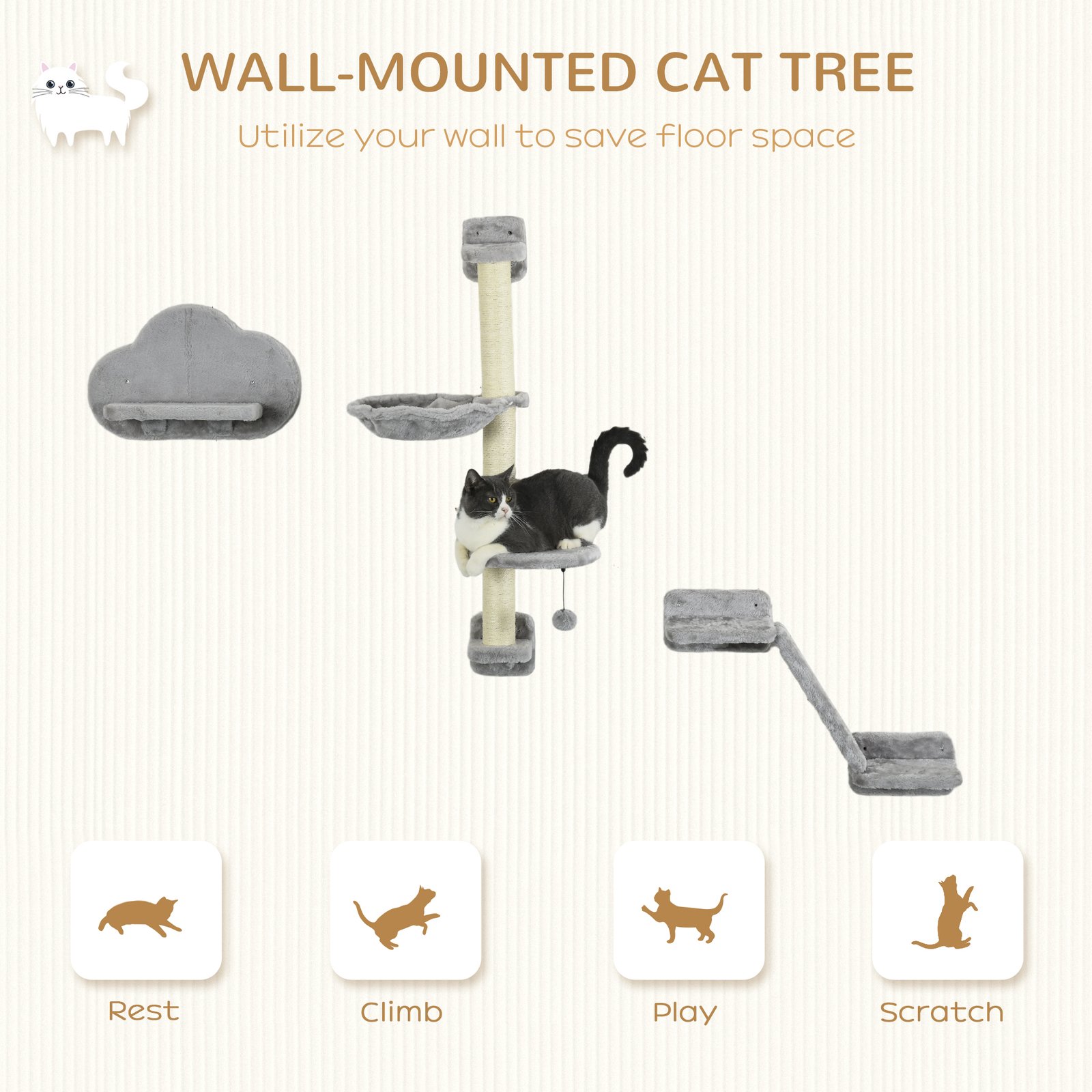 Three-Piece Wall-Mounted Cat Shelves, with Hammock, Ladder, Platforms, Scratching Post - Grey - Image 4