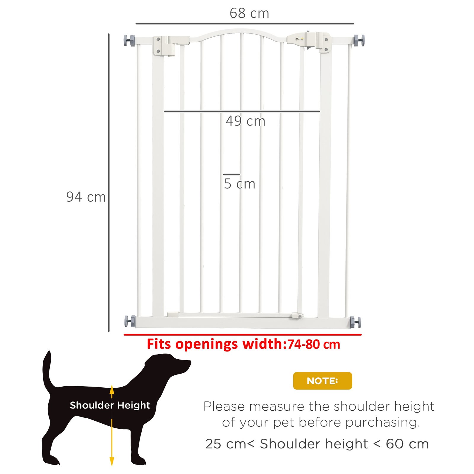 Pressure Fit Dog Stair Gate No Drilling Safety Gate Auto Close for Doorways, Hallways, 74-80cm Adjustable, 94cm Tall, White