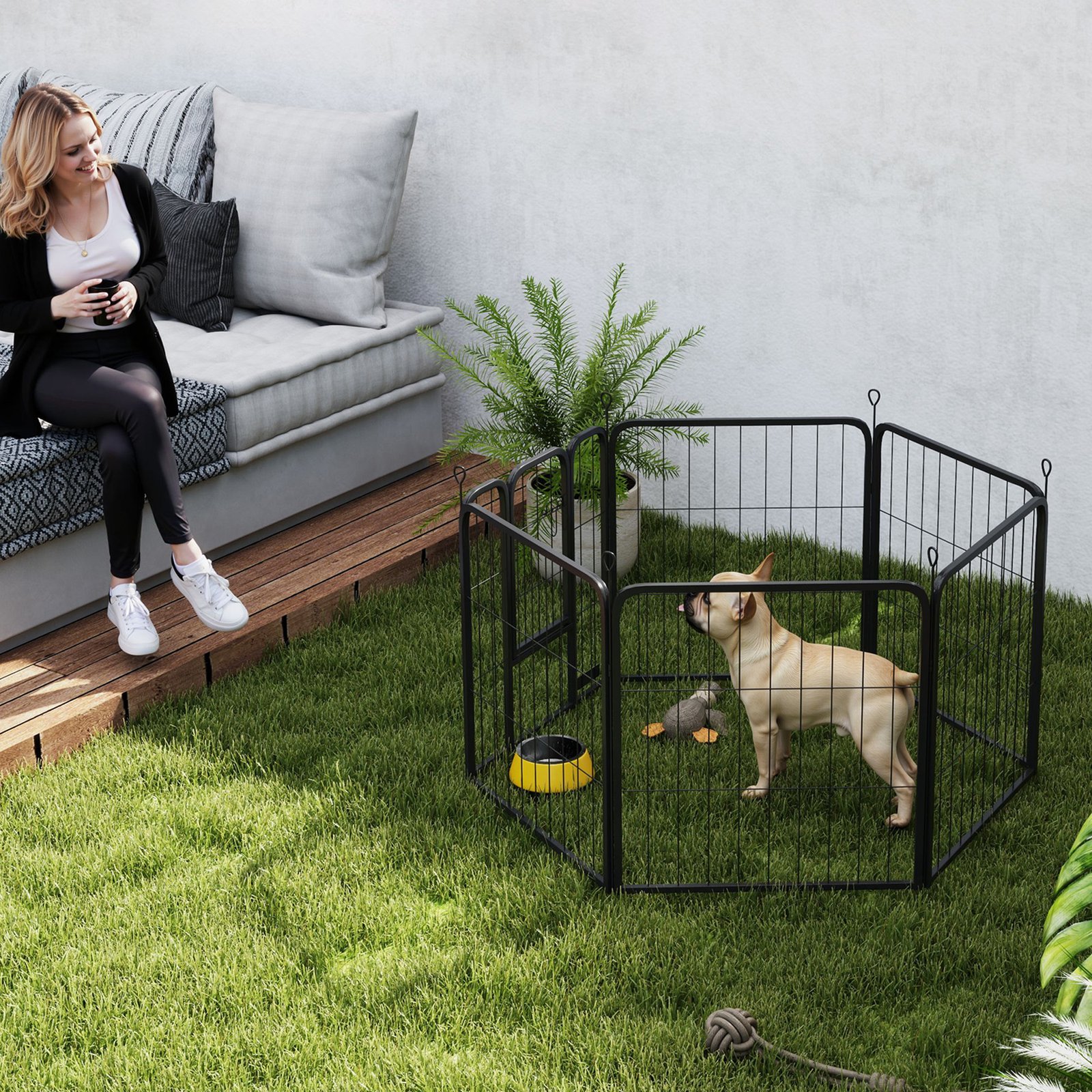 Six-Panel Dog Playpen with Door, for Small Dogs, Indoors, Outdoors, 60cm Tall, Black