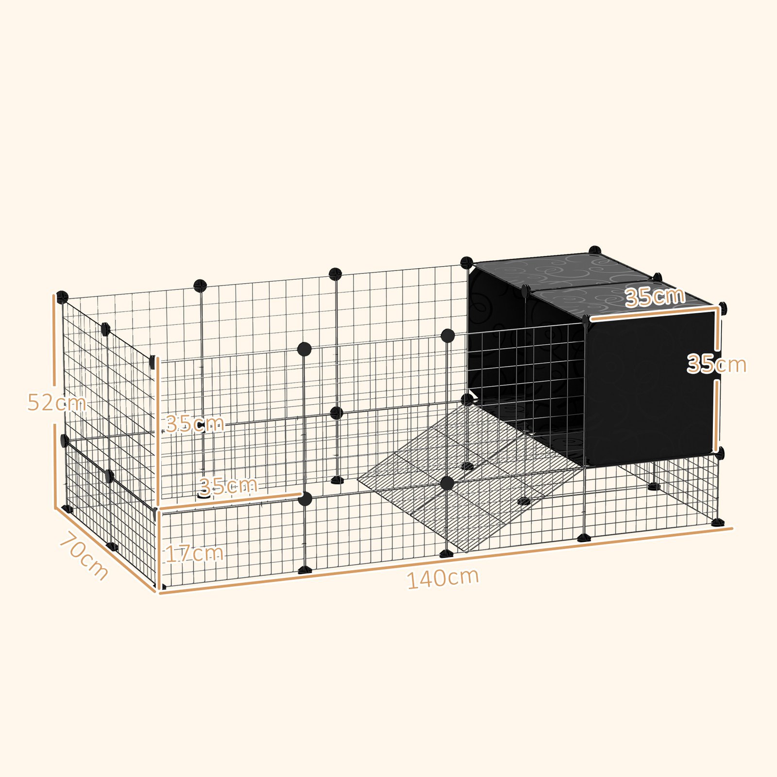 DIY Small Animal Cage with Elevated Huts, C&C Cage for Guinea Pigs, Hedgehogs, Rabbits, 31 Panels, Black