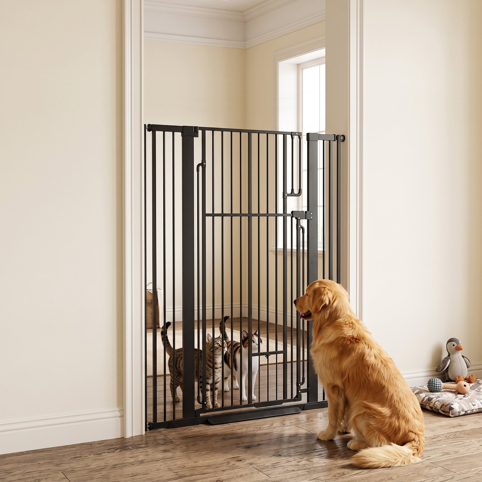 135cm Extra Tall Dog Gate with Cat Door, Fits Openings 81-108 cm Pressure Mounted for Doorways, Hallways, No Drilling