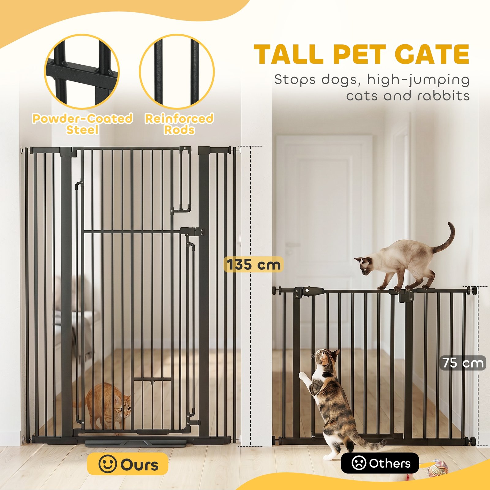 135cm Extra Tall Dog Gate with Cat Door, Fits Openings 81-108 cm Pressure Mounted for Doorways, Hallways, No Drilling