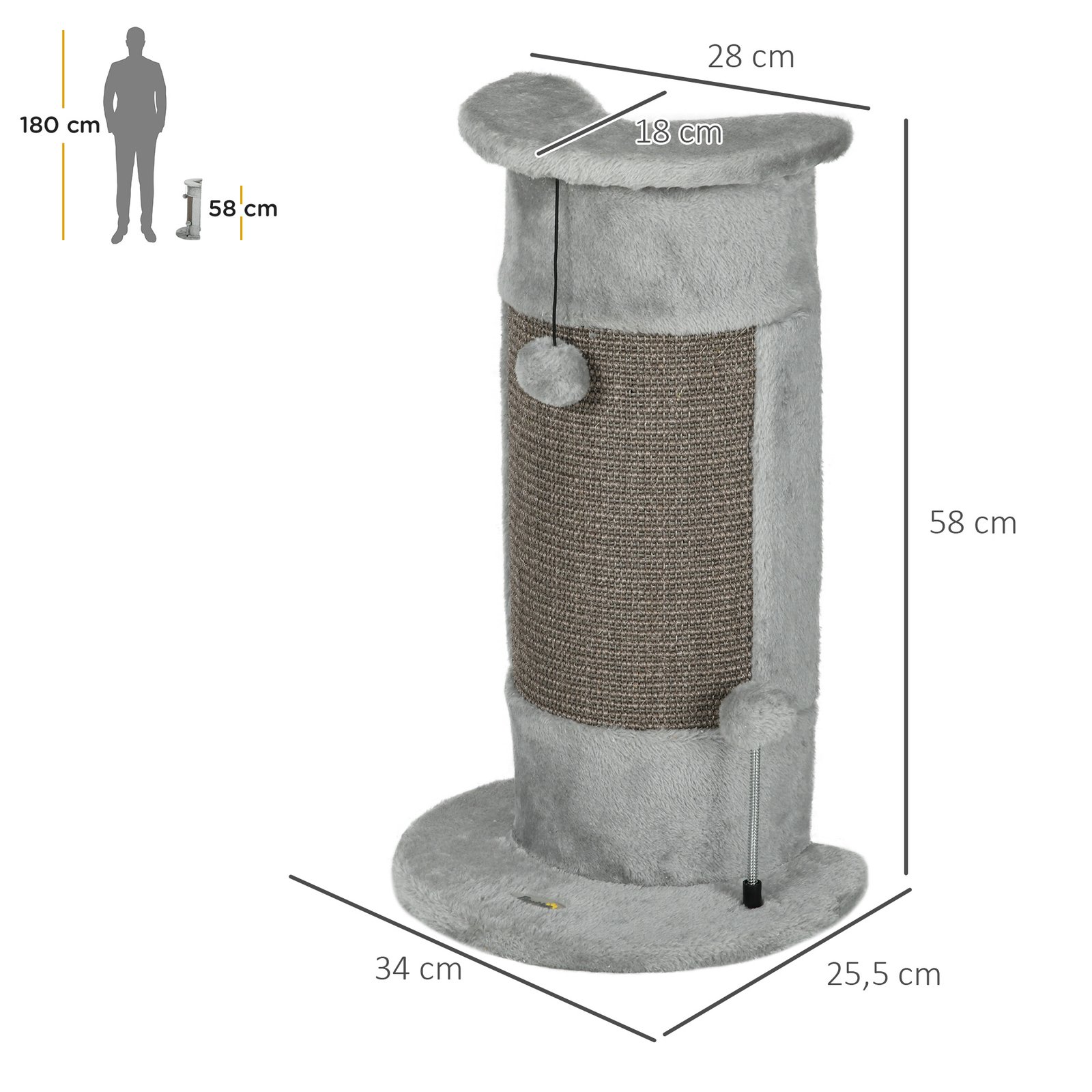 58cm Cat Scratching Post, with Covered Plush, Play Balls, for Corner Walls - Grey - Image 3