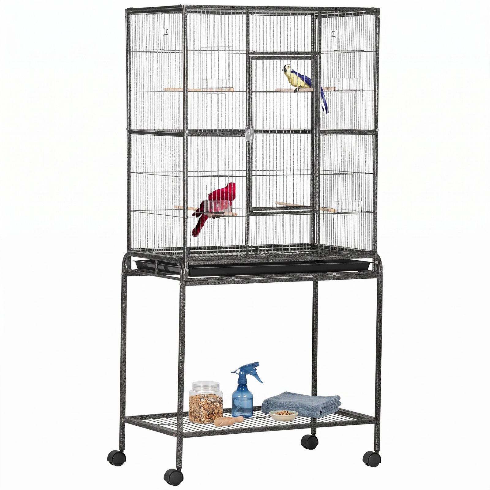 Large Bird Cage Budgie Cage with Stand, Storage Shelf, Wood Perch for Parrot Canary Parakeet Cockatiels, 81 x 48 x 162.5 cm