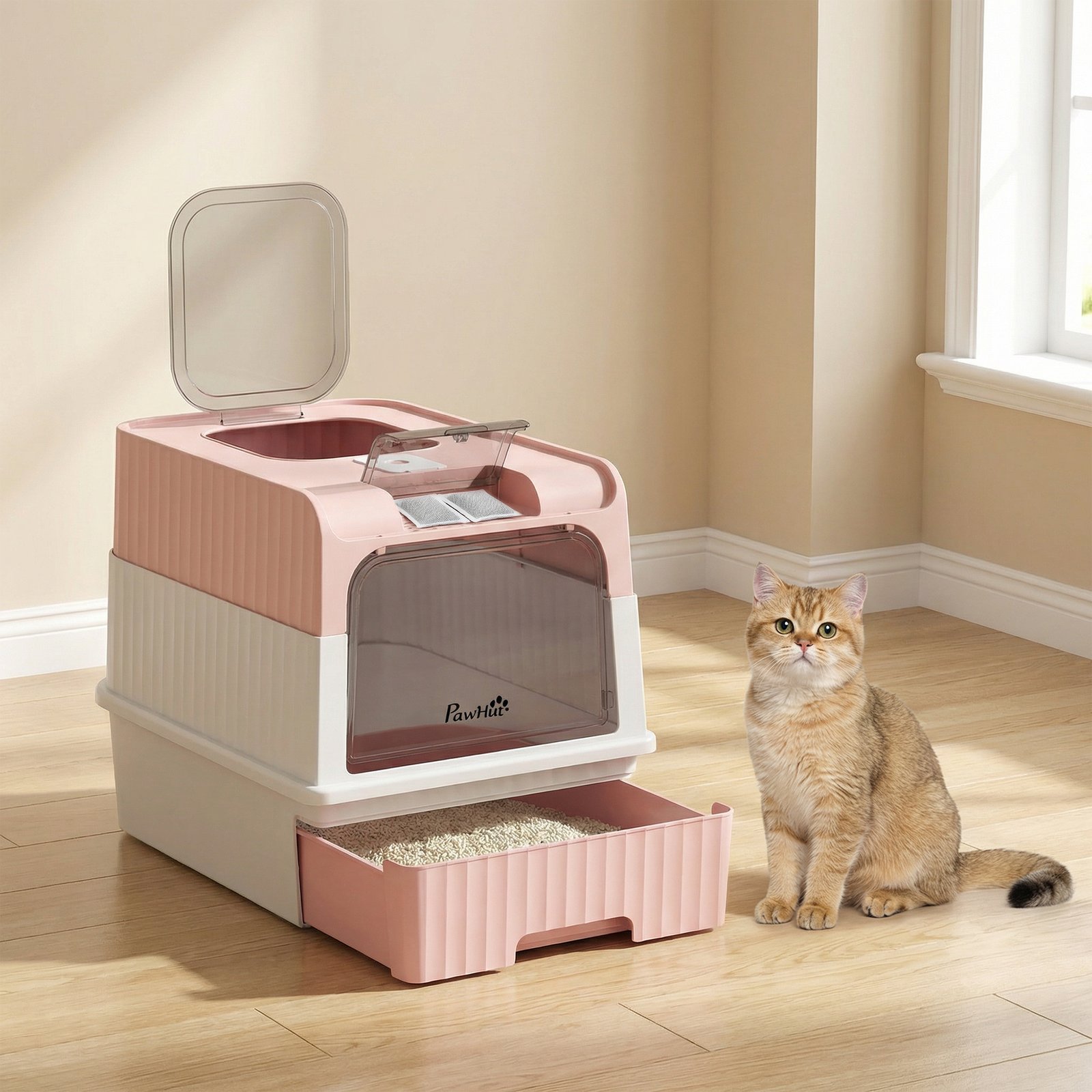 Enclosed Cat Litter Box with Lid, Pull-Out Drawer Tray, Scoop, 4 Deodorisation Bags, Front Entry & Top Exit, Pink