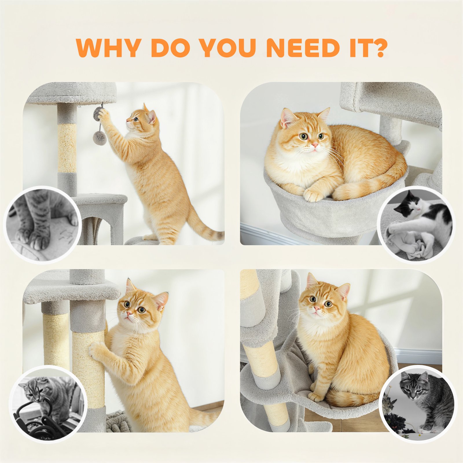 Cat Tree, 192 cm Large Multi-Level Cat Tower for Indoor Kittens with 8 Scratching Posts, 3 Plush Beds, 2 Hammocks