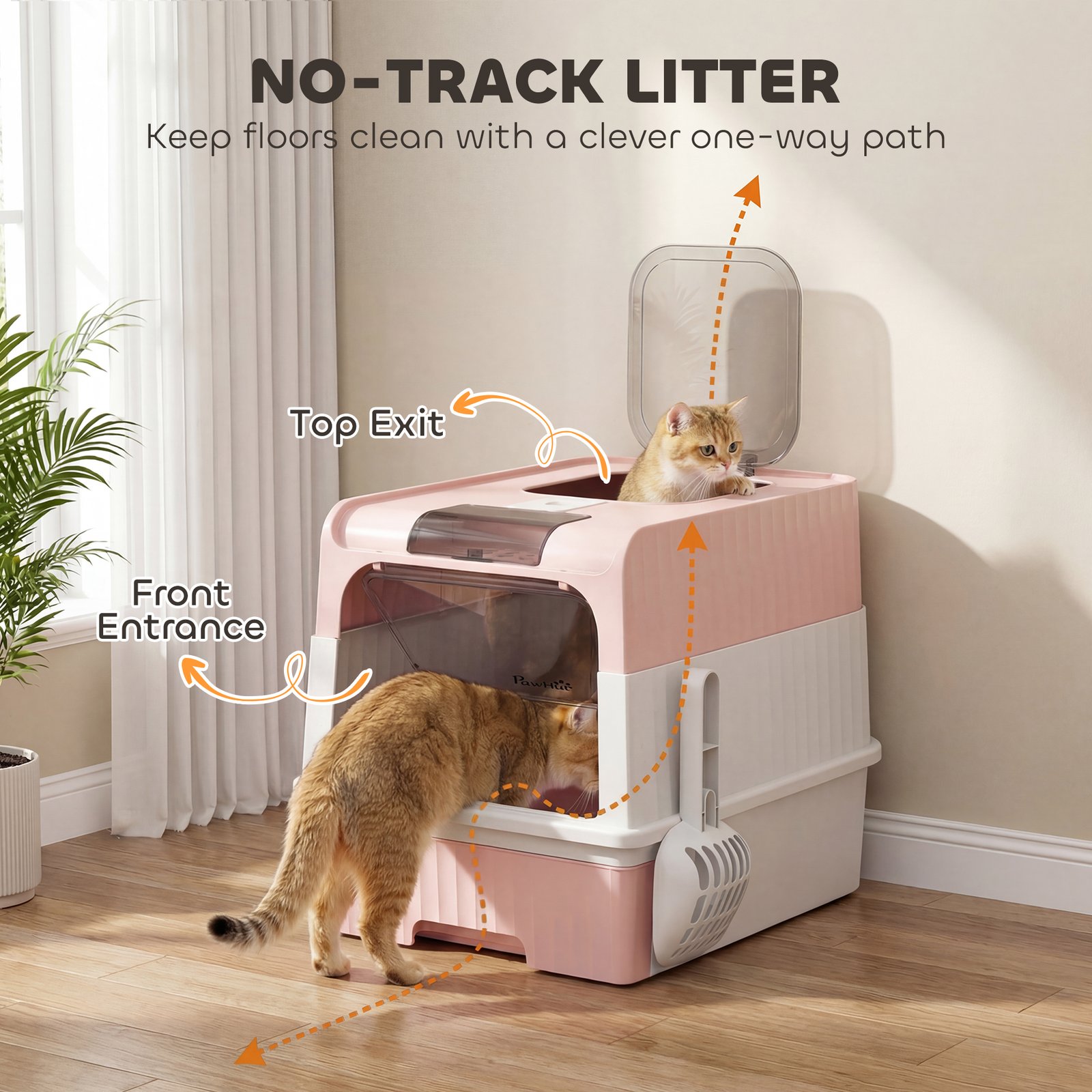 Enclosed Cat Litter Box with Lid, Pull-Out Drawer Tray, Scoop, 4 Deodorisation Bags, Front Entry & Top Exit, Pink