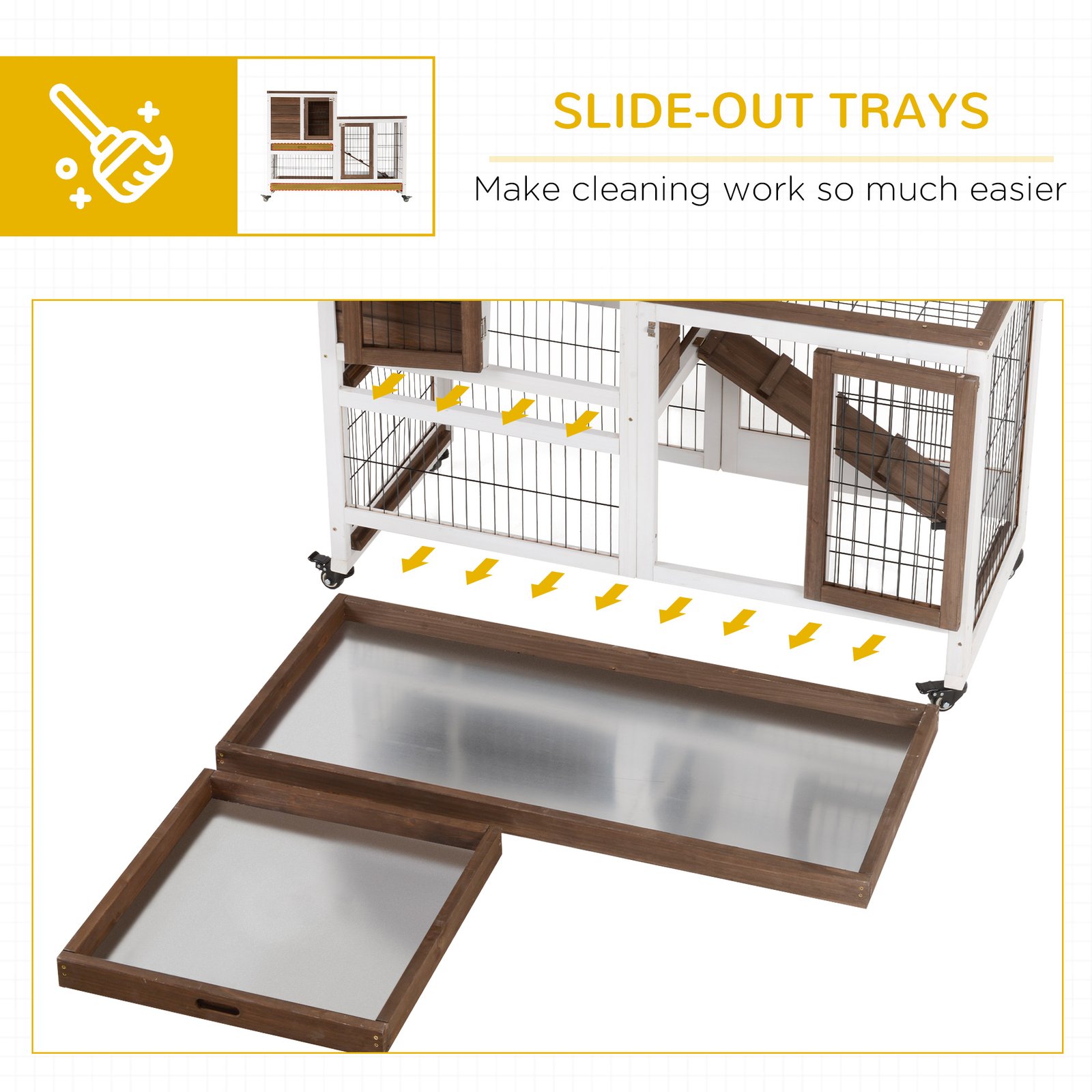 Two-Tier Rabbit Hutch Pet Cage, with Wheels - Brown - Image 6