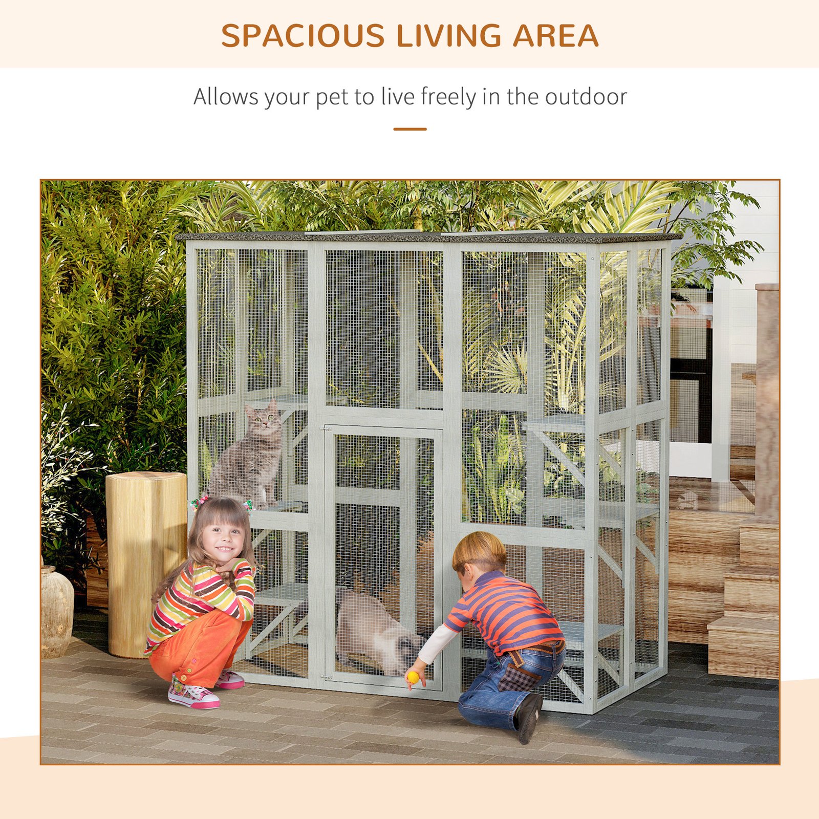 Wooden Catio Cat Outdoor Enclosure, Cat Cage with Waterproof Roof, Platforms, for Multiple Kittens, 180 x 98 x 180 cm - Image 7