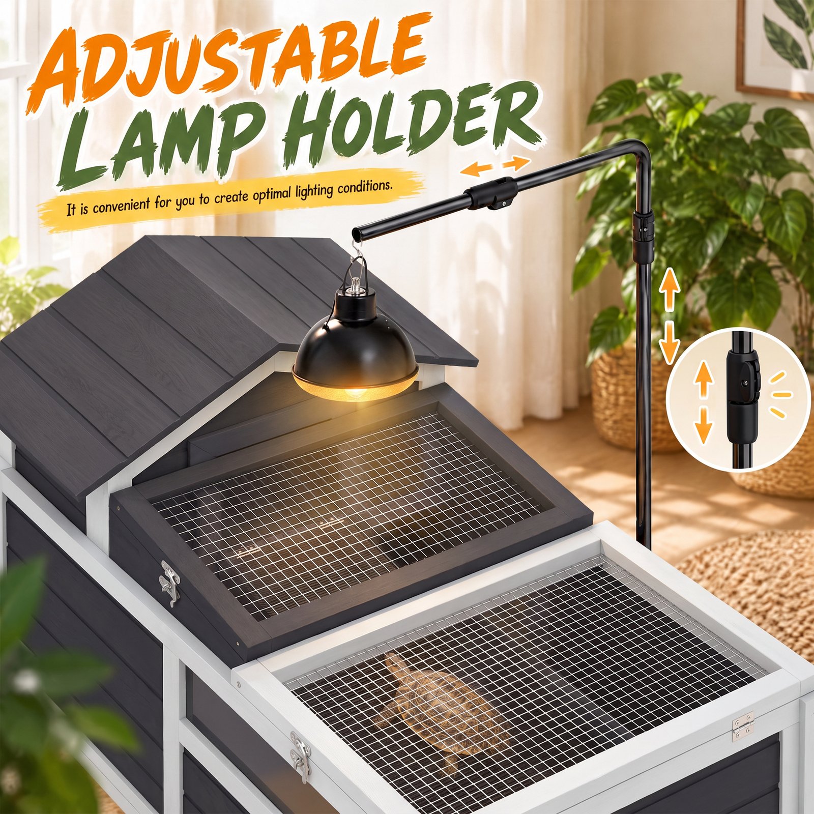 Wooden Tortoise Enclosure, Tortoise Tank w/ Adjustable Lamp Holder, Openable Lid, Removable Main House - Grey