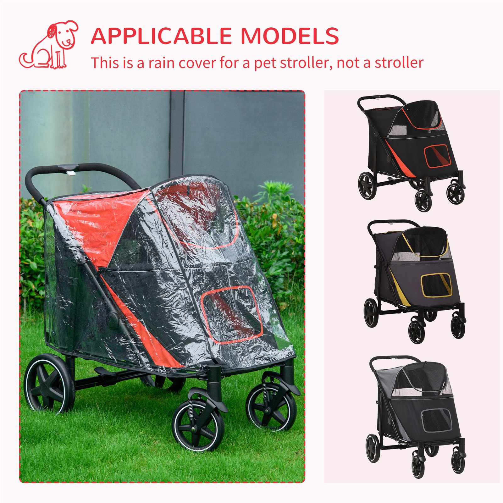 One-Click Foldable Pet Travel Stroller with Rain Cover, Cat Dog Pushchair with Universal Front Wheels, Shock Absorber, Storage Bags, Mesh Window, Safety Leash for Large and Medium Dogs (Red) - Image 5